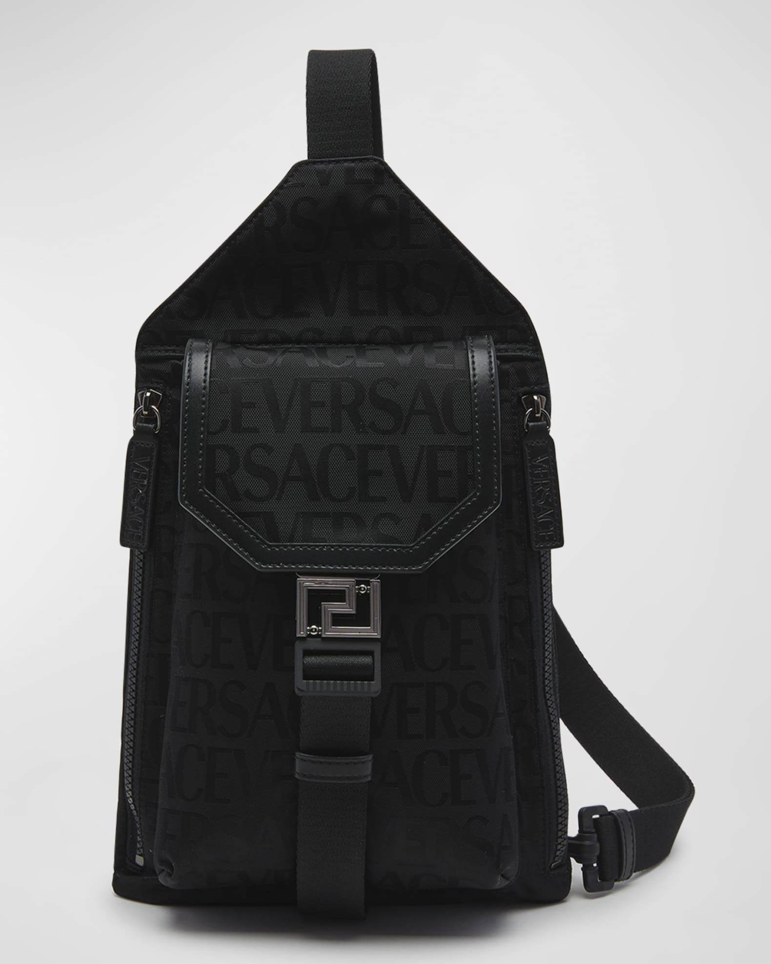 Versace Logo Jacquard Sling Crossbody Bag in Black-Ruthenium