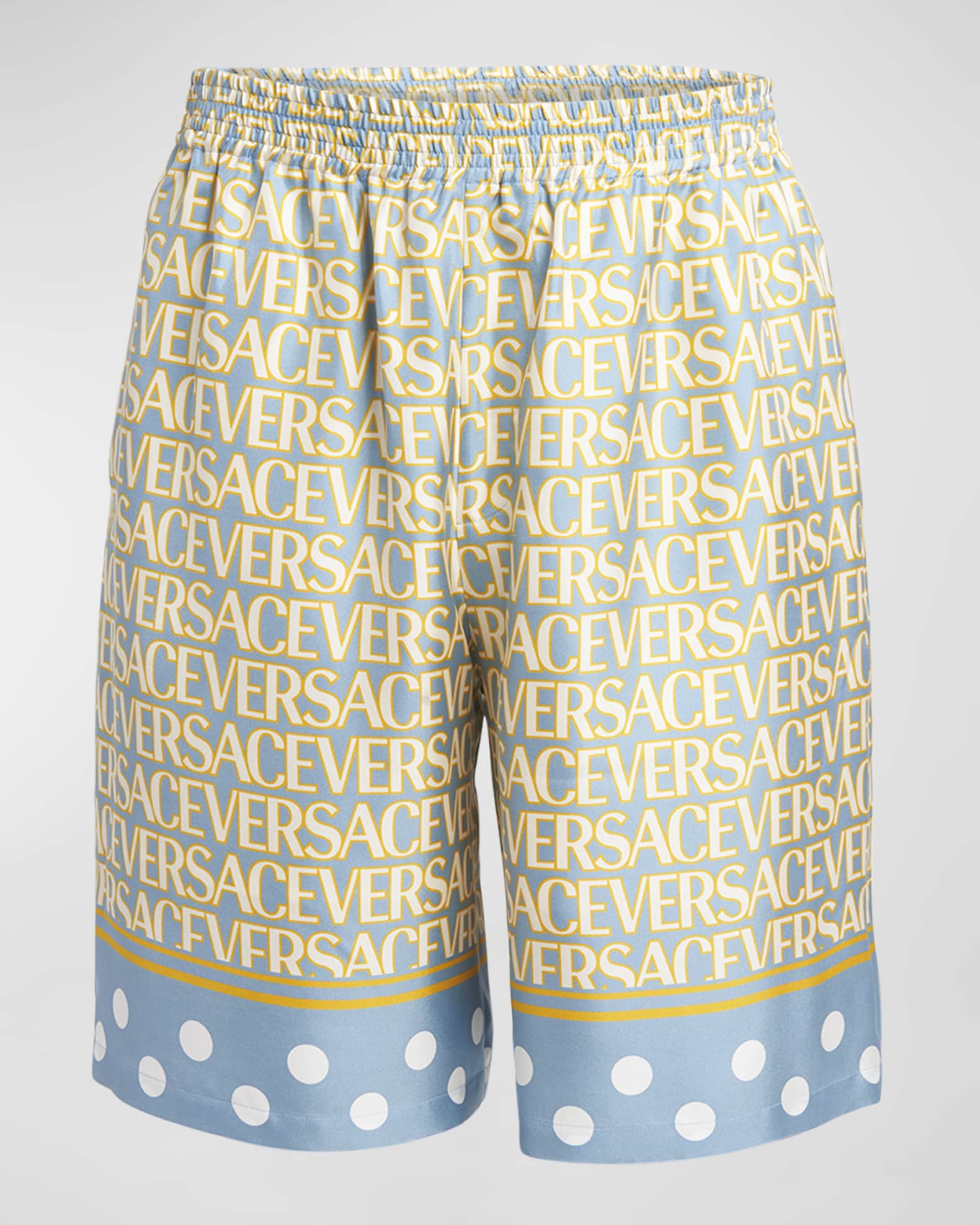 Versace Men's Logomania Polka Dot Silk Shorts | Neiman Marcus
