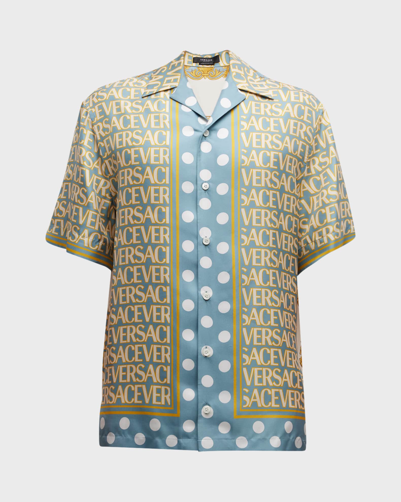 Versace Men's Logomania Polka Dot Silk Shirt | Neiman Marcus