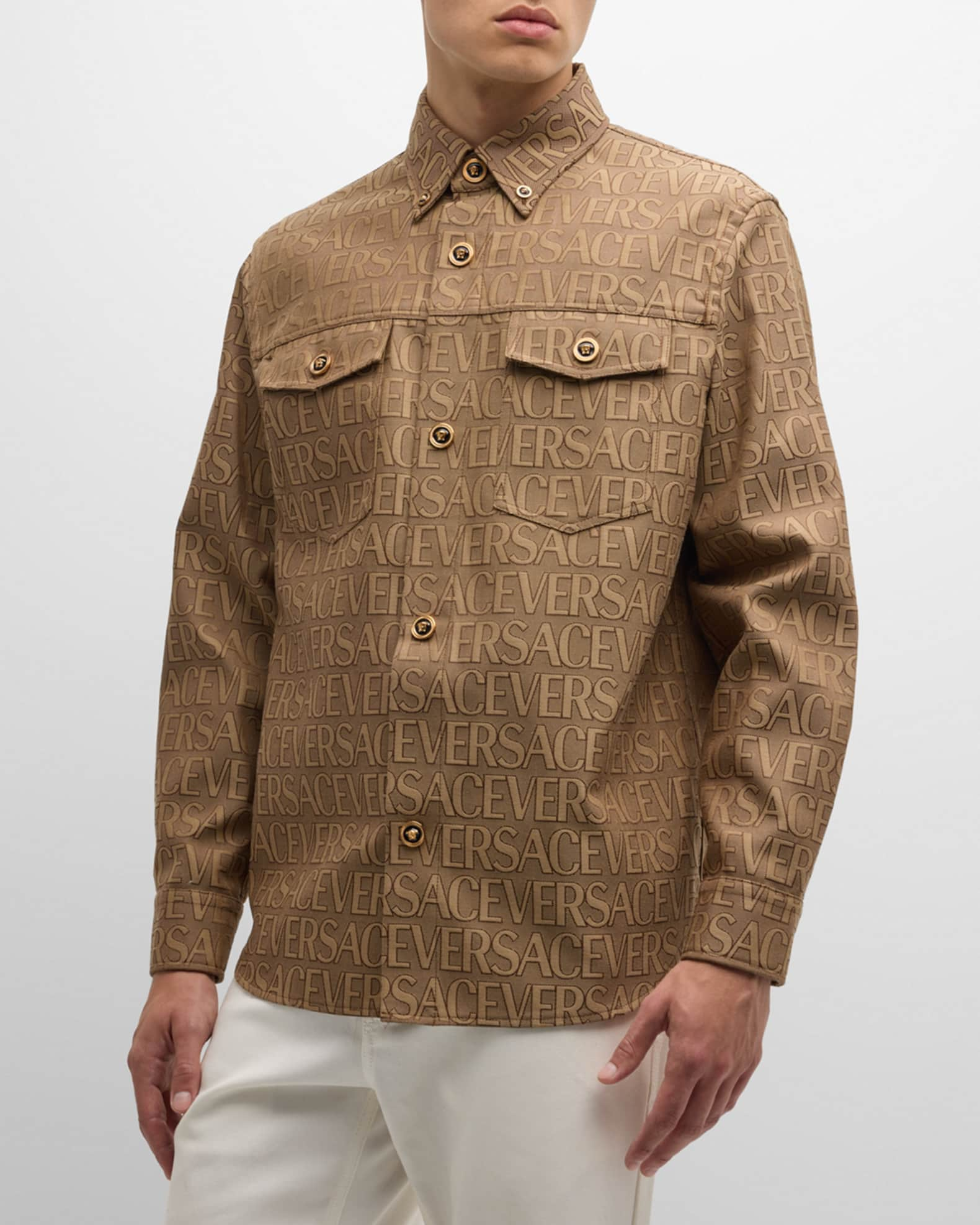 Versace Men's Long-Sleeve Tech Canvas Allover Logo Shirt | Neiman