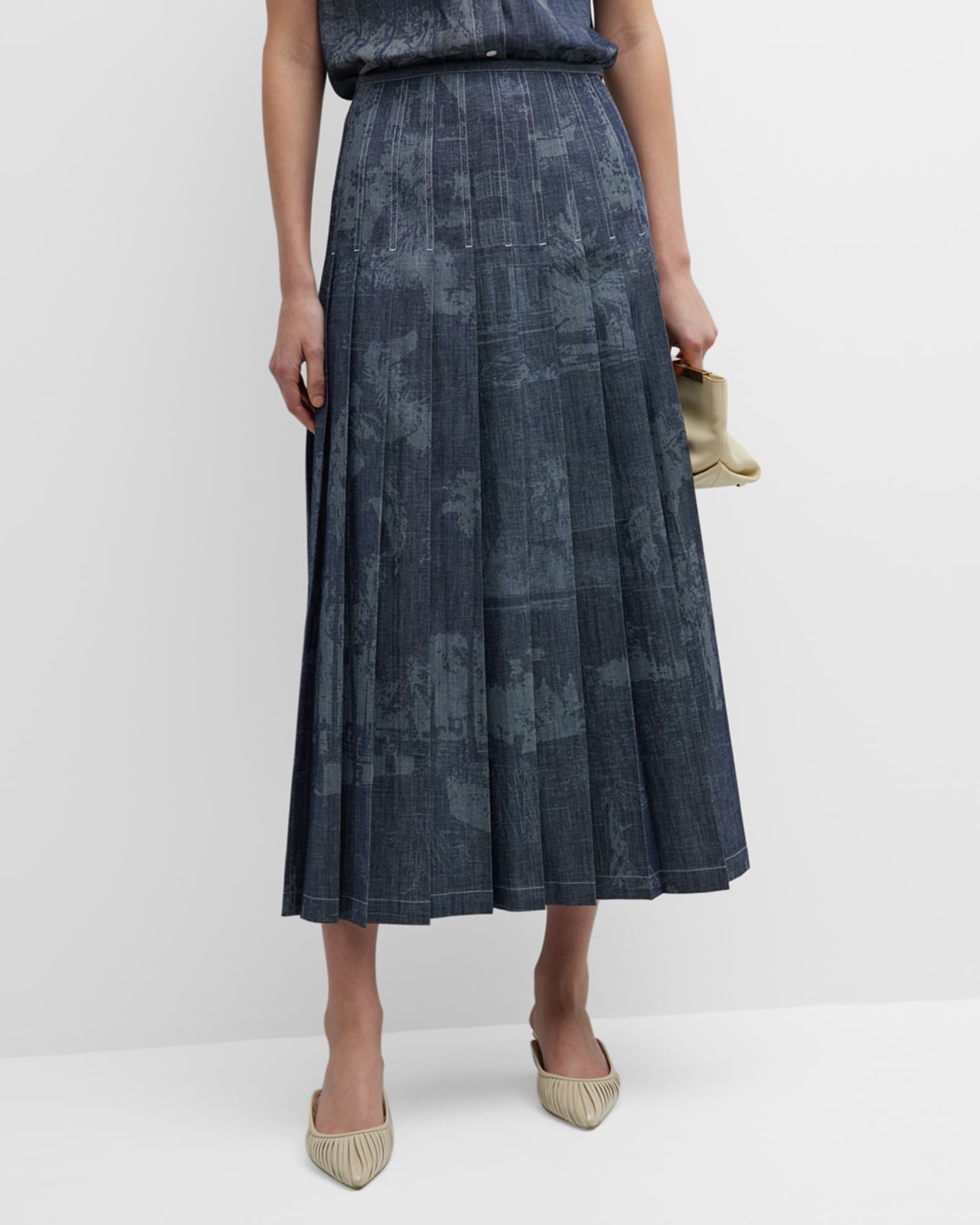 Lafayette 148 New York Pleated Topstitch Cotton Midi Skirt Neiman Marcus