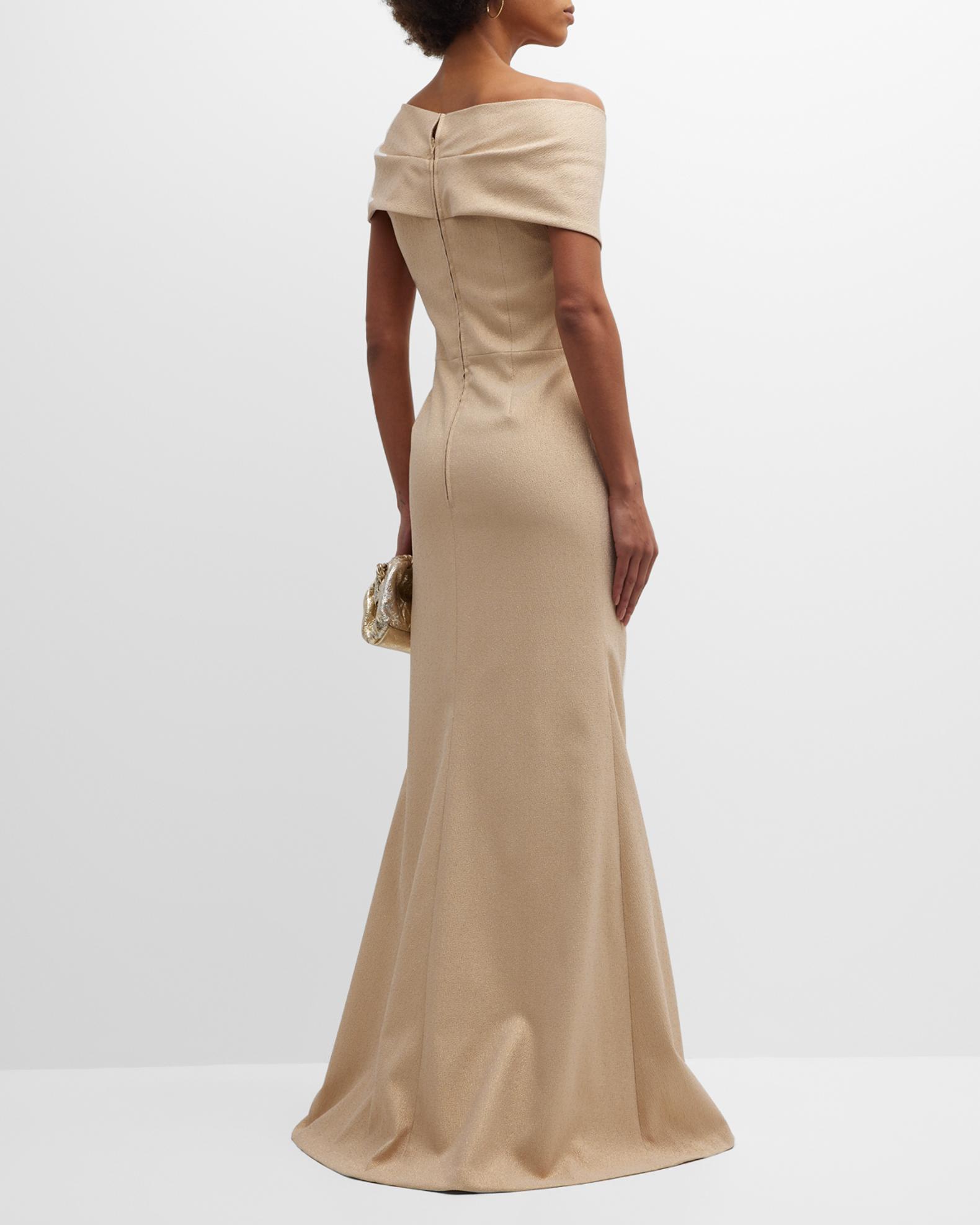 Rickie Freeman for Teri Jon Draped Off-Shoulder Jacquard Gown | Neiman ...