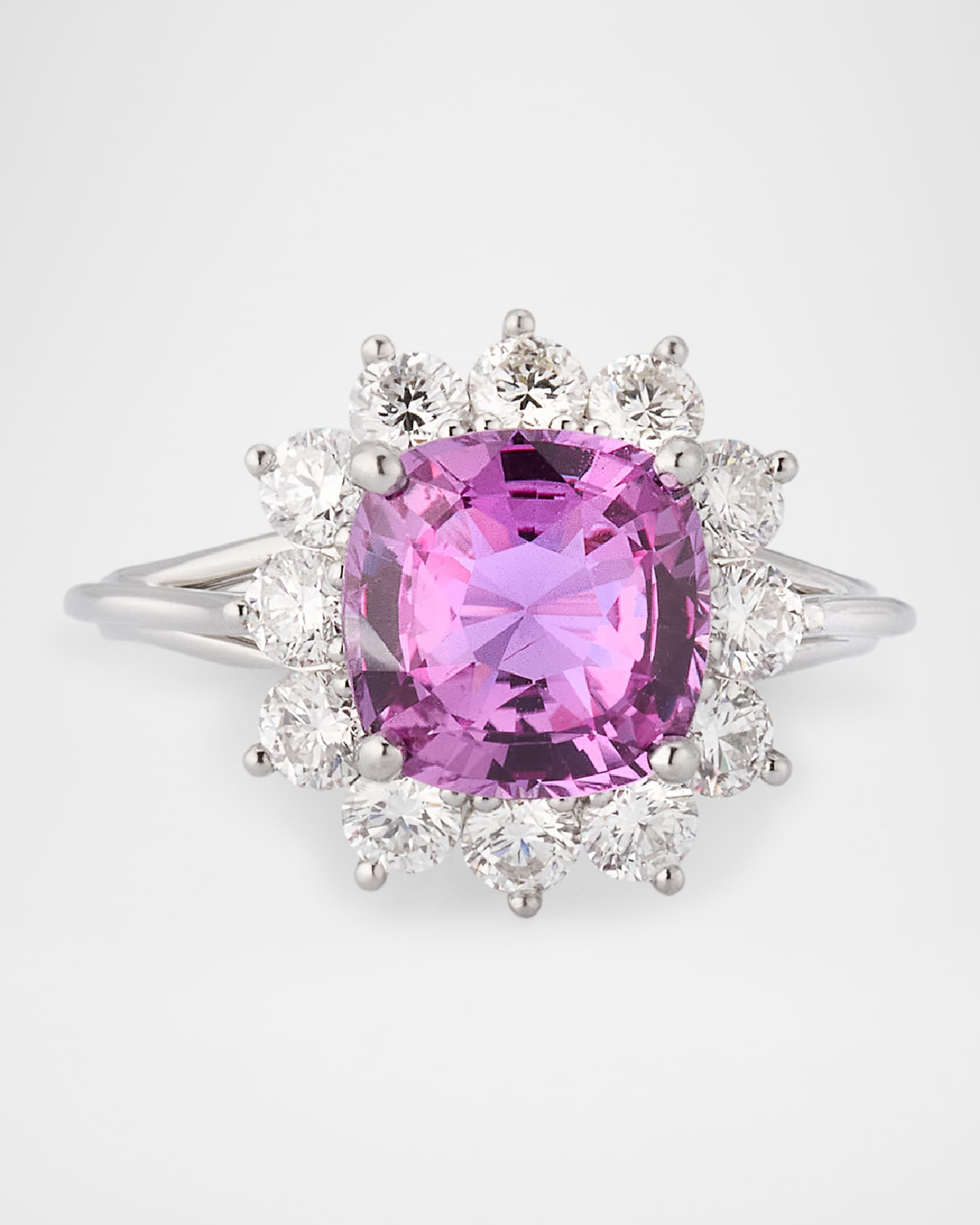 Estate Platinum Pink Sapphire Cushion and Diamond Halo Ring, Size 7 0