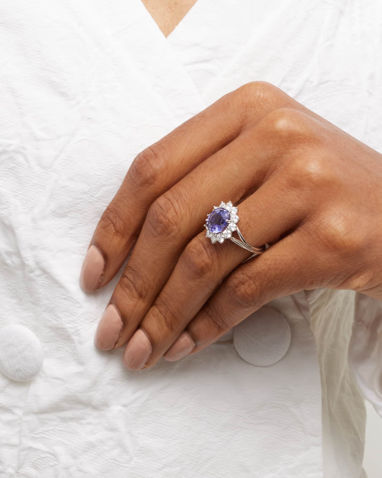 Estate Platinum Purple Sapphire Oval and Diamond Halo Ring, Size 6.75 1