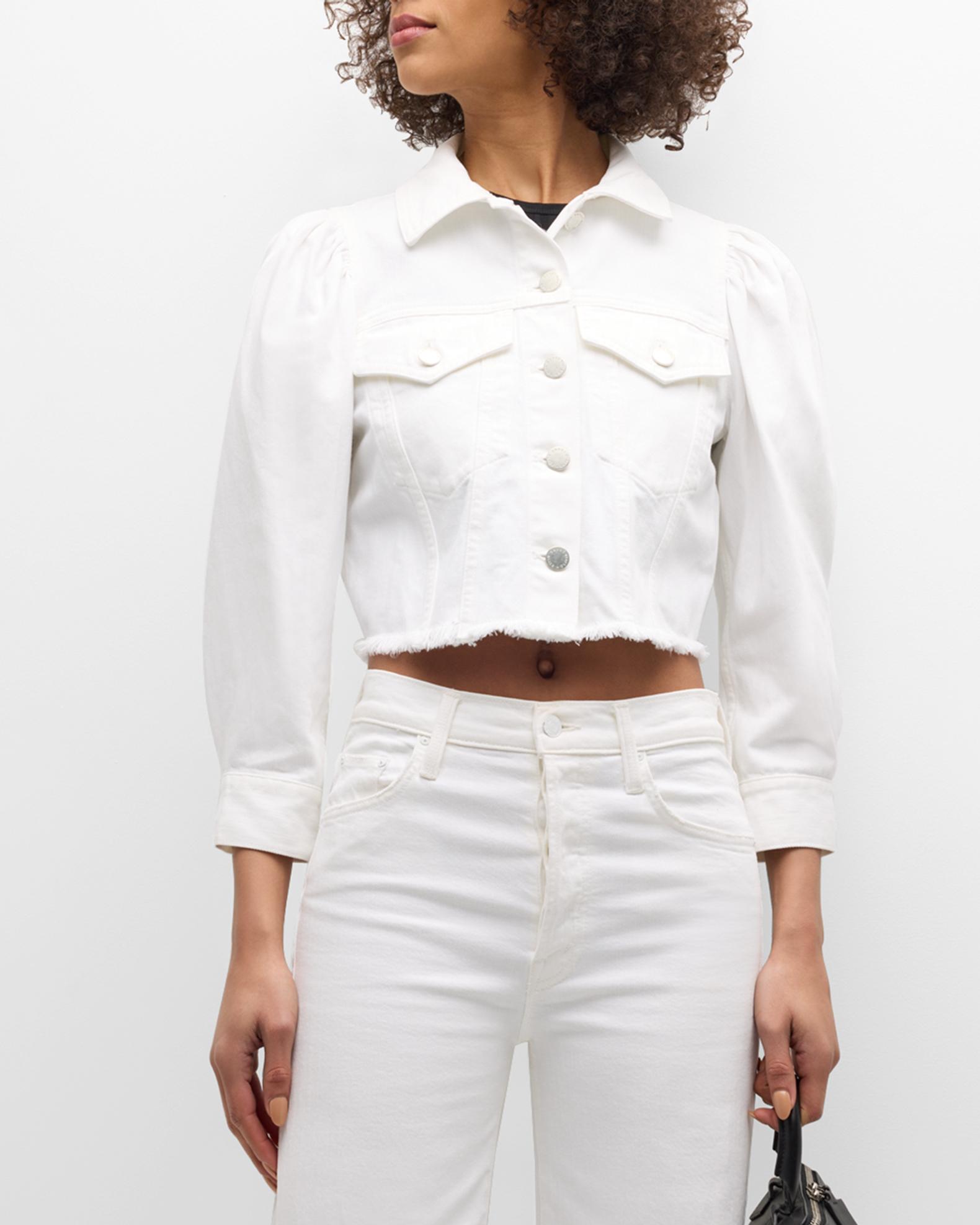 ALICE + OLIVIA Lana Puff-Sleeve Cropped Denim Jacket | Neiman Marcus