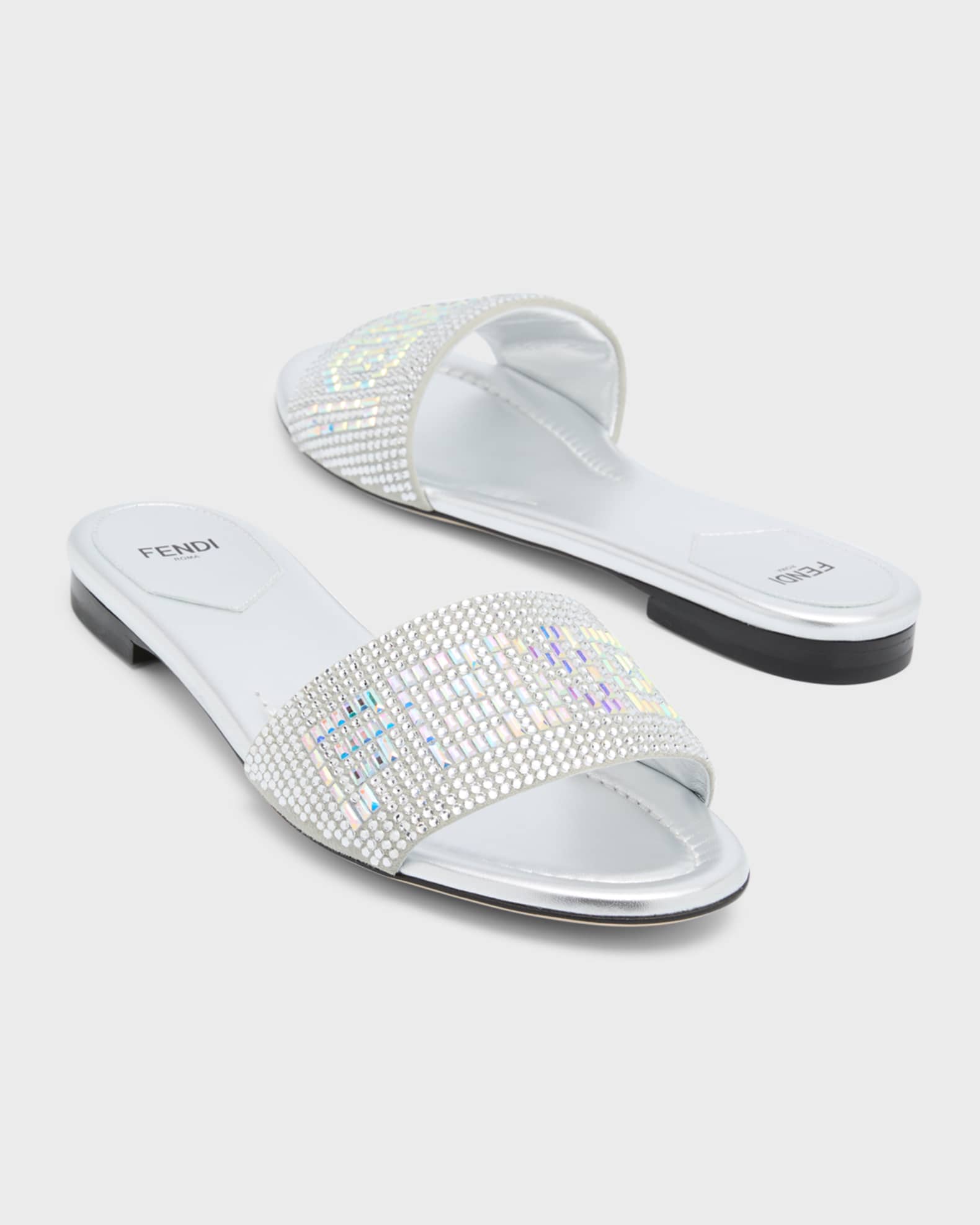 Fendi Crystal Logo Flat Resort Sandals Neiman Marcus