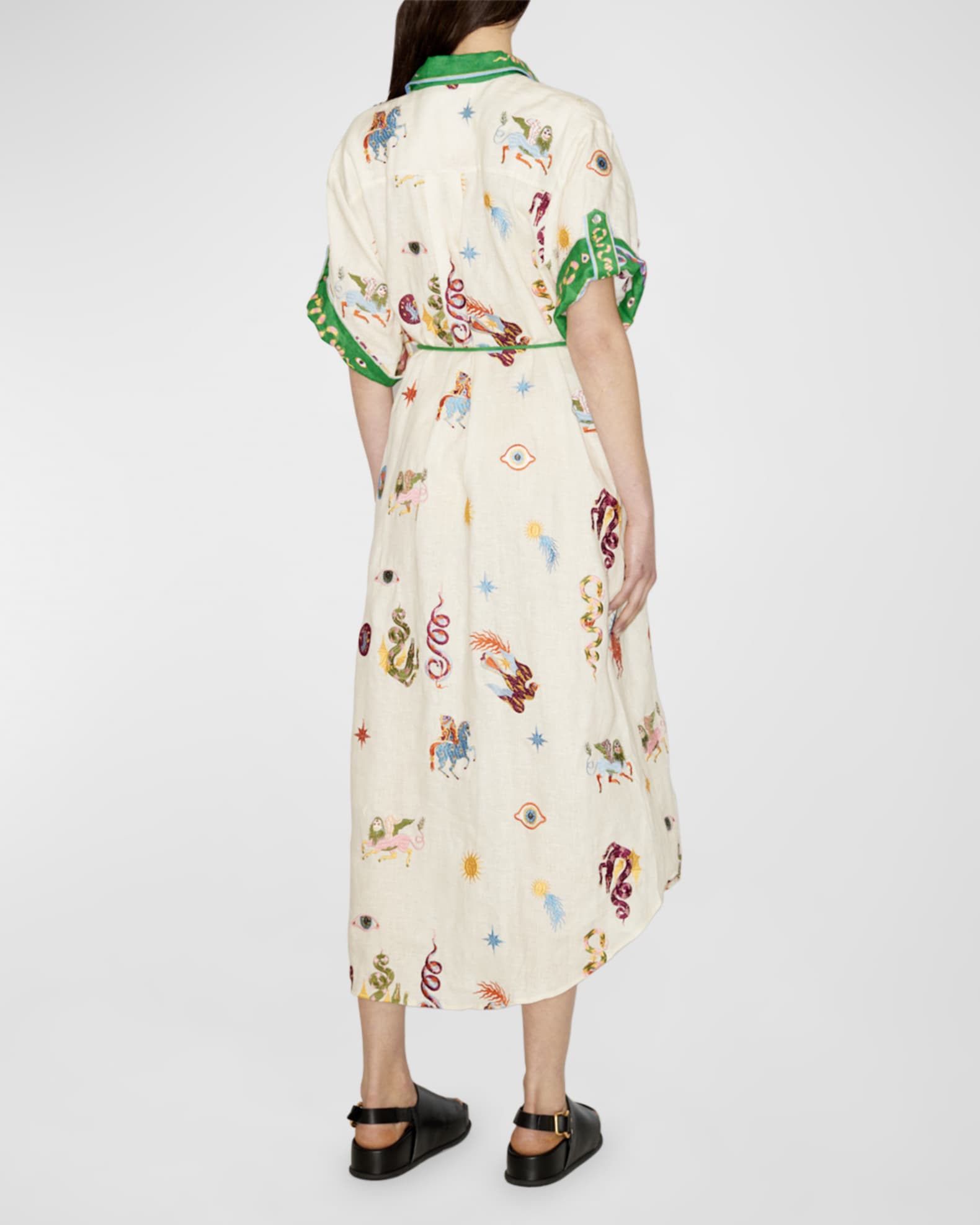 ALEMAIS Seeker Embroidered Linen Tie-Belt Midi Shirtdress | Neiman Marcus