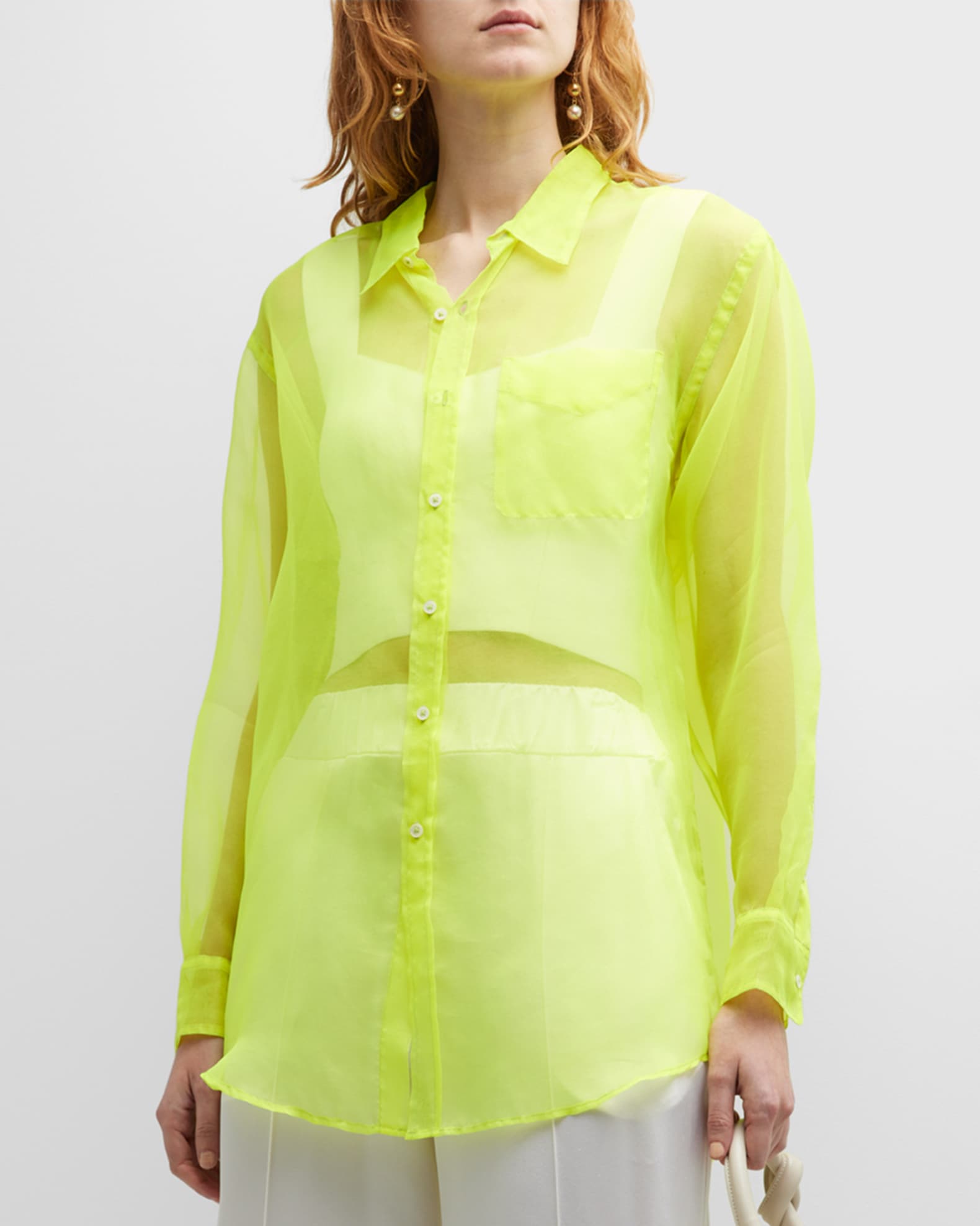 SPRWMN Sheer Oversized Silk Shirt with Pocket | Neiman Marcus
