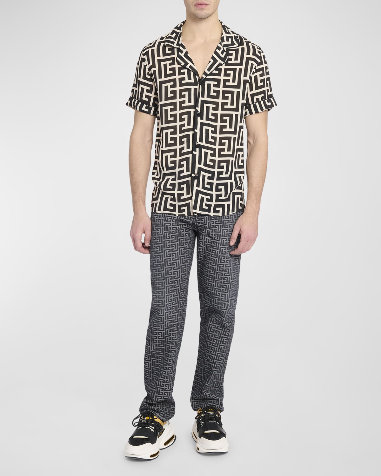 Balmain Men's Macro Monogram Pajama Shirt | Neiman Marcus