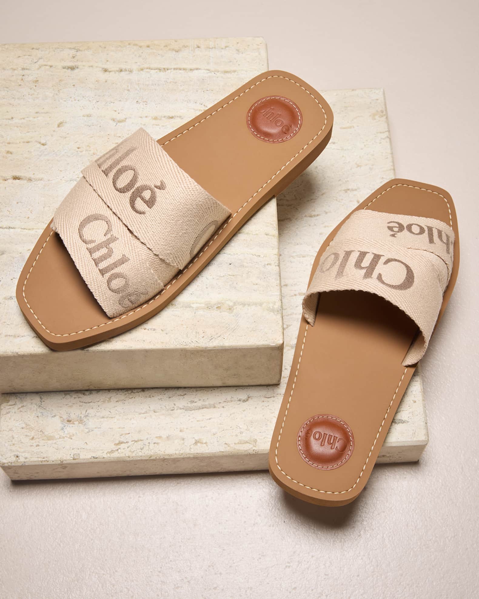 Chloe x High Summer Woody Embroidered Logo Flat Sandals Neiman Marcus