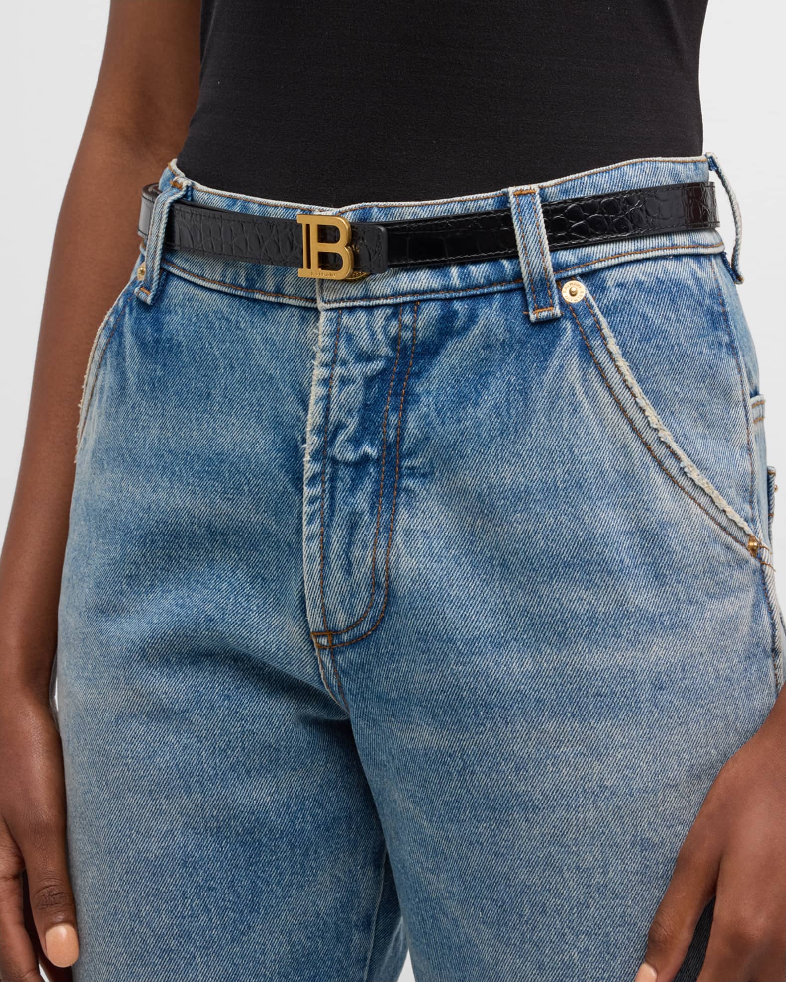 B-Monogram Croc-Embossed Skinny Leather Belt - Thumbnail 2