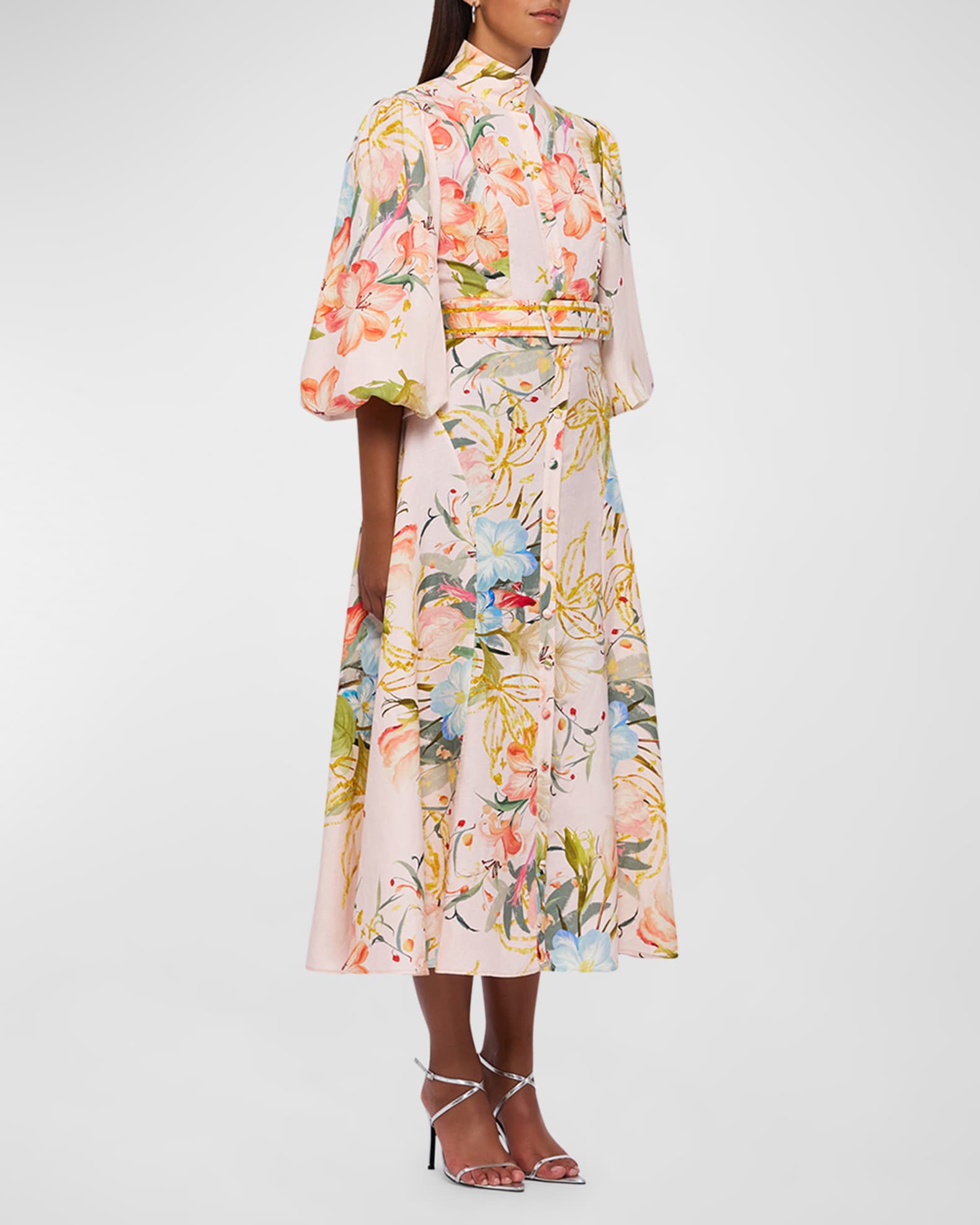 LEO LIN Nellie Floral-Print Bishop-Sleeve Midi Dress | Neiman Marcus