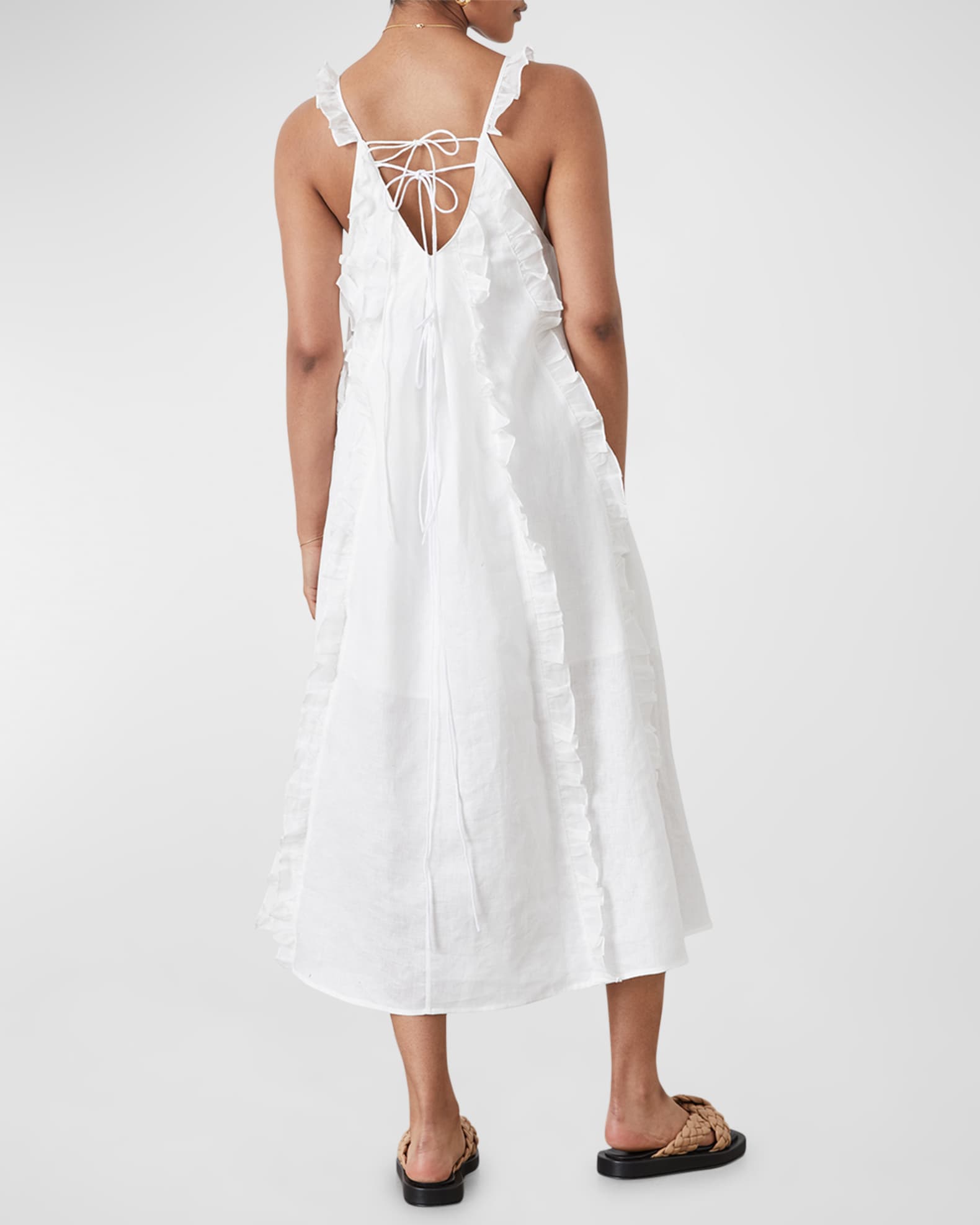 JOSLIN Isobella Sleeveless Ruffle Linen Midi Dress | Neiman Marcus