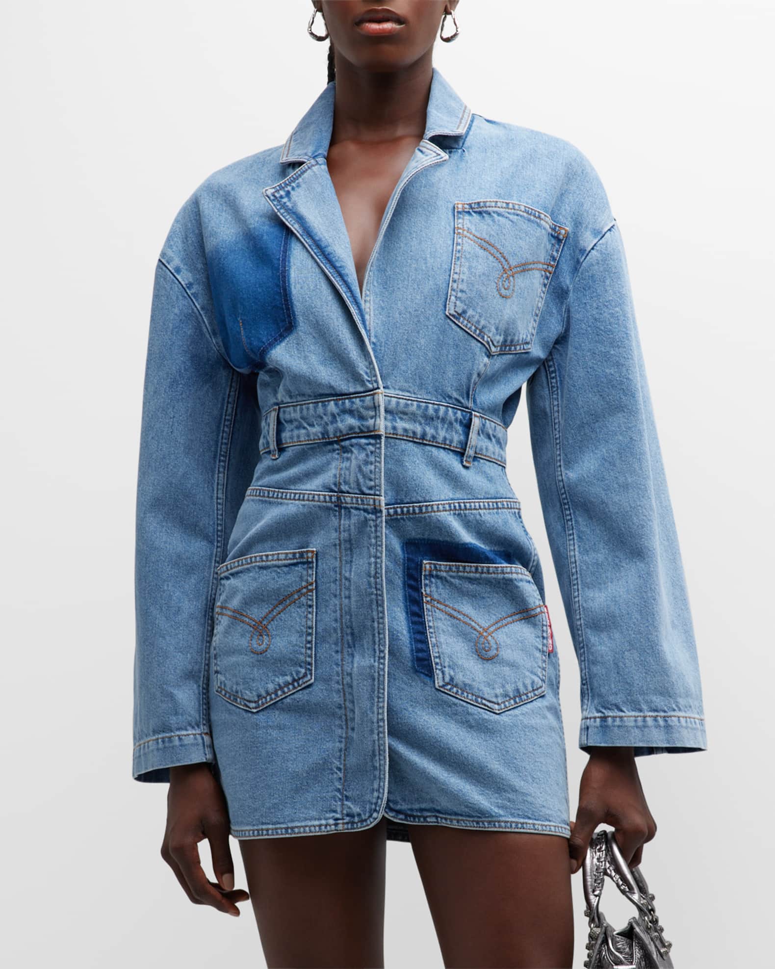 Moschino Jeans Patchwork Recycled Denim Mini Dress | Neiman Marcus