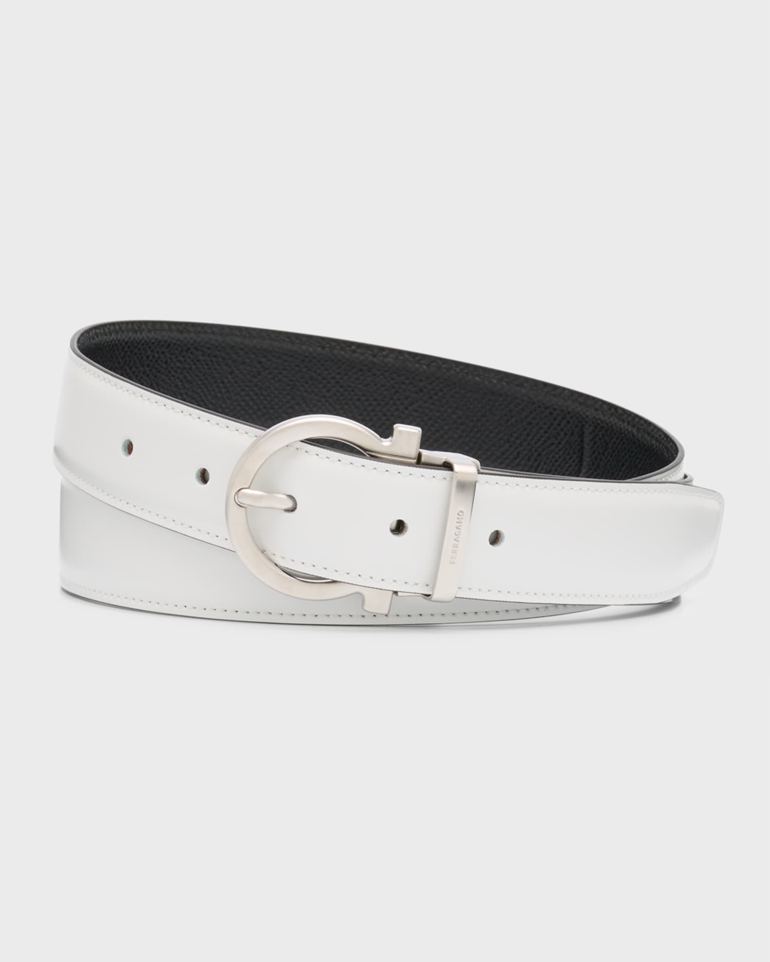 Ferragamo, Grained leather silver buckle reversible belt