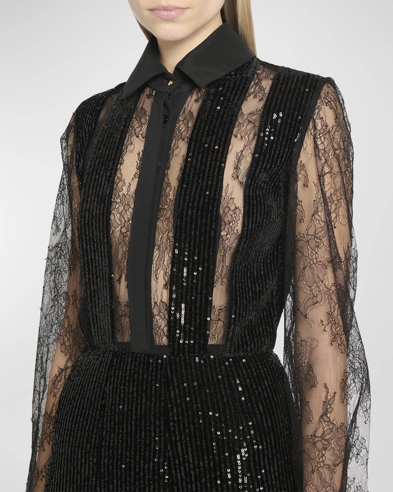 Elie Saab ButtonFront Lace Gown with Velvet And Sequin Detail Neiman Marcus