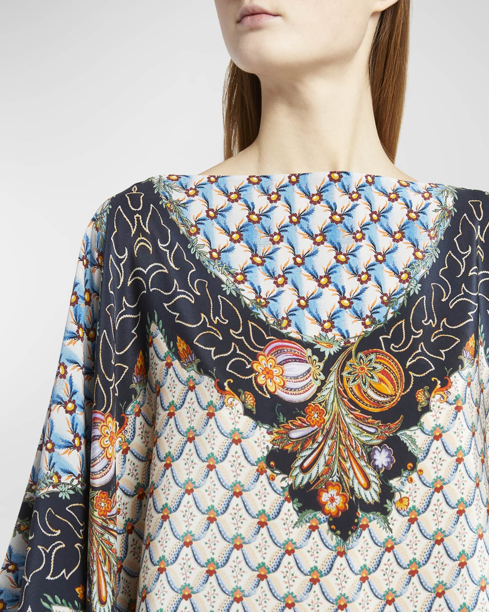 Etro Combo Micro Floral-Print Silk Poncho | Neiman Marcus