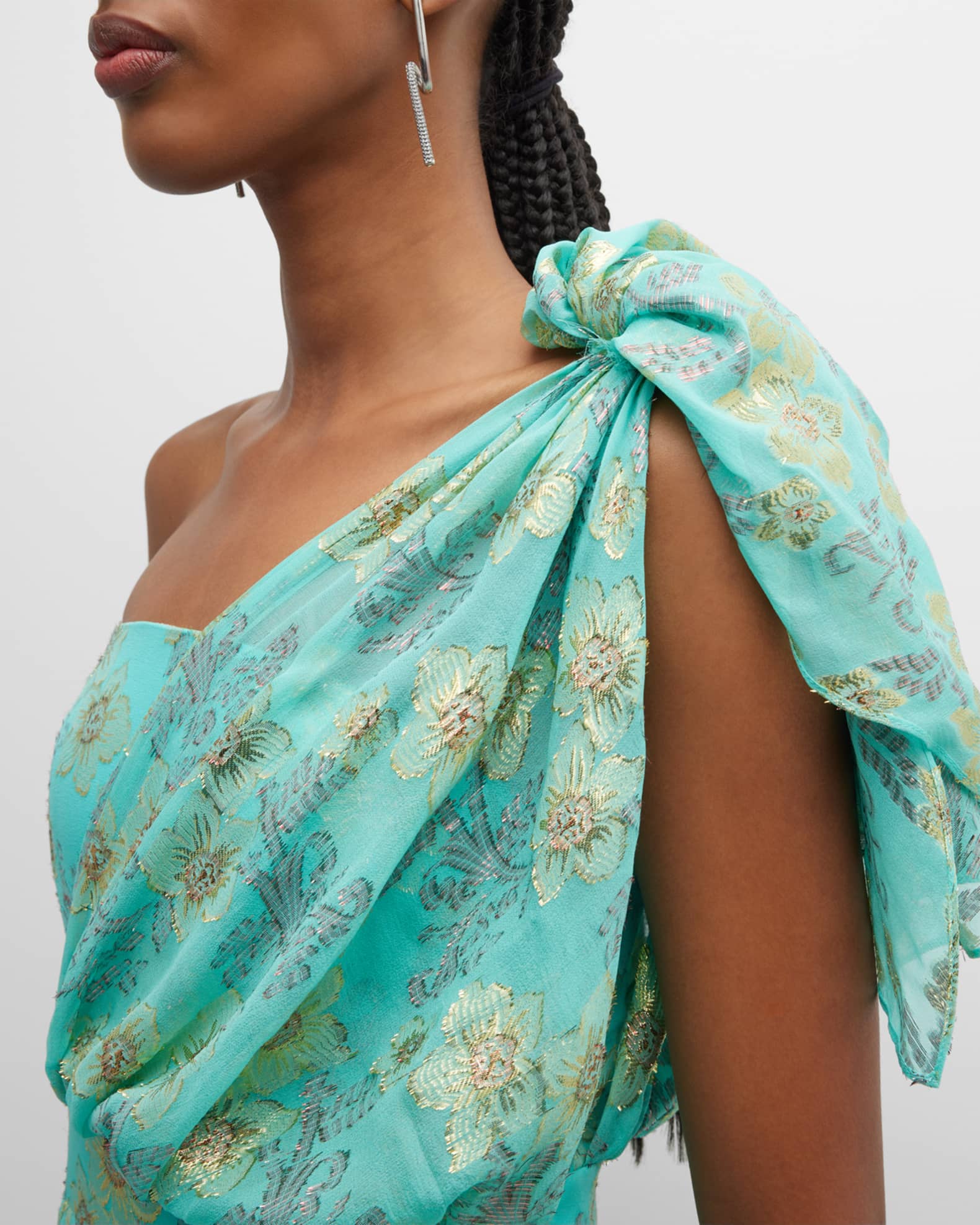 Shoshanna One-Shoulder Metallic Floral Chiffon Gown | Neiman Marcus