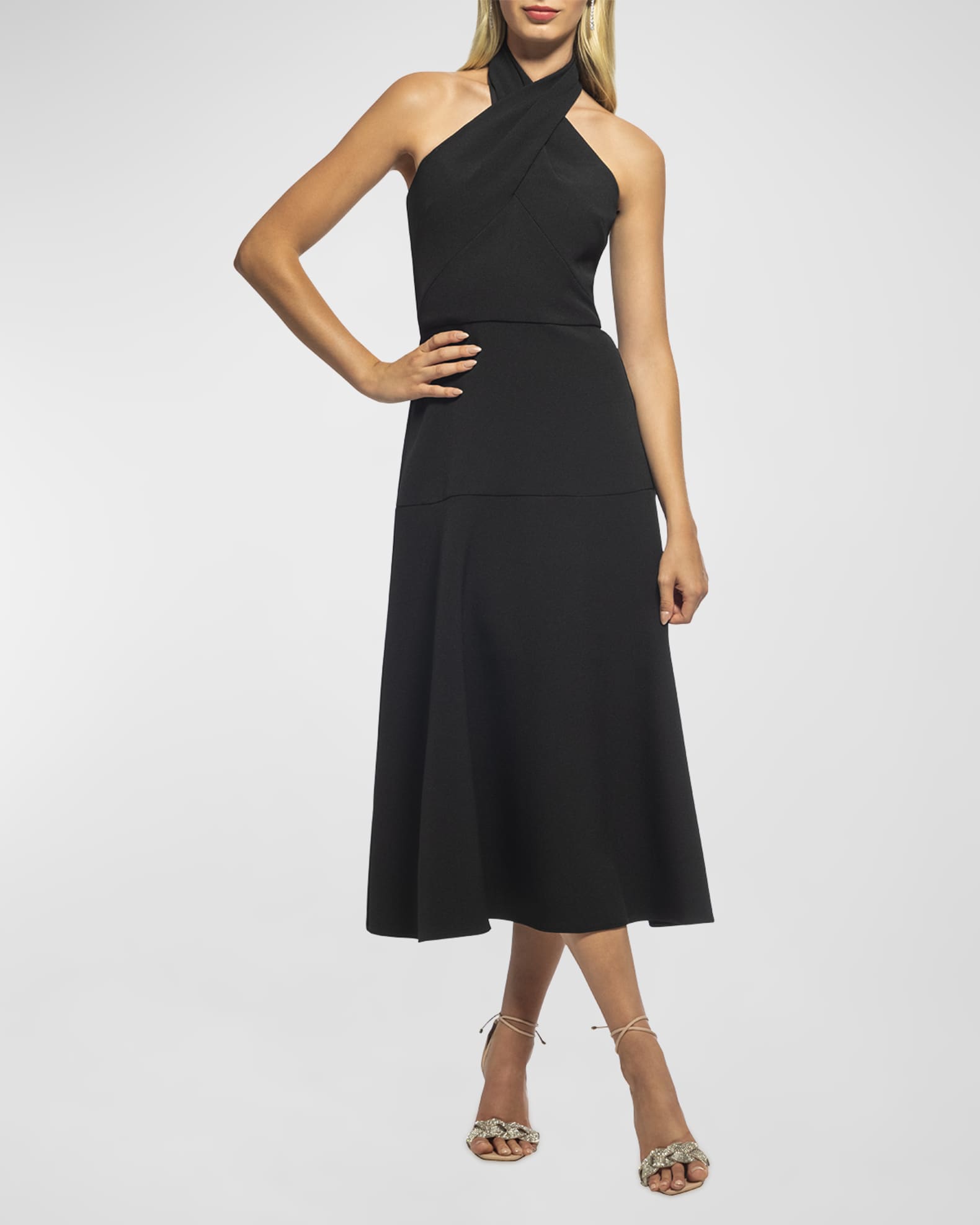 Shoshanna ALine Crossover Halter Midi Dress Neiman Marcus