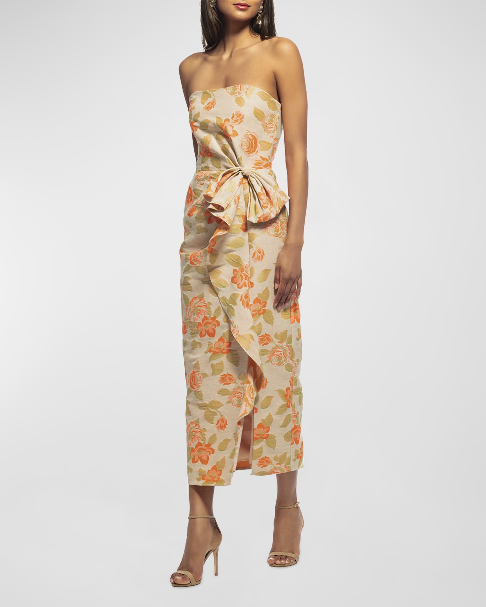 Strapless Jacquard Midi Floral Dress