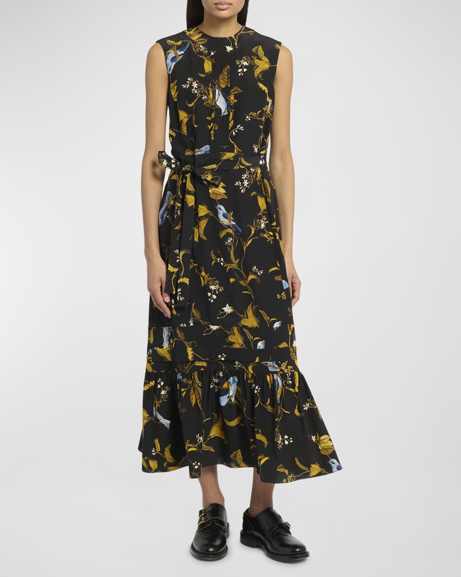 Erdem Bird-Print Belted Sleeveless Ruffle-Hem Midi Dress | Neiman