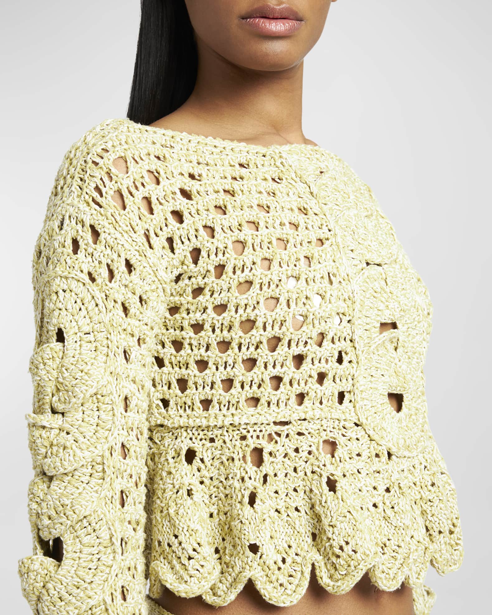 Rosesand - Bell Sleeve Plain Crochet Knit Crop Top