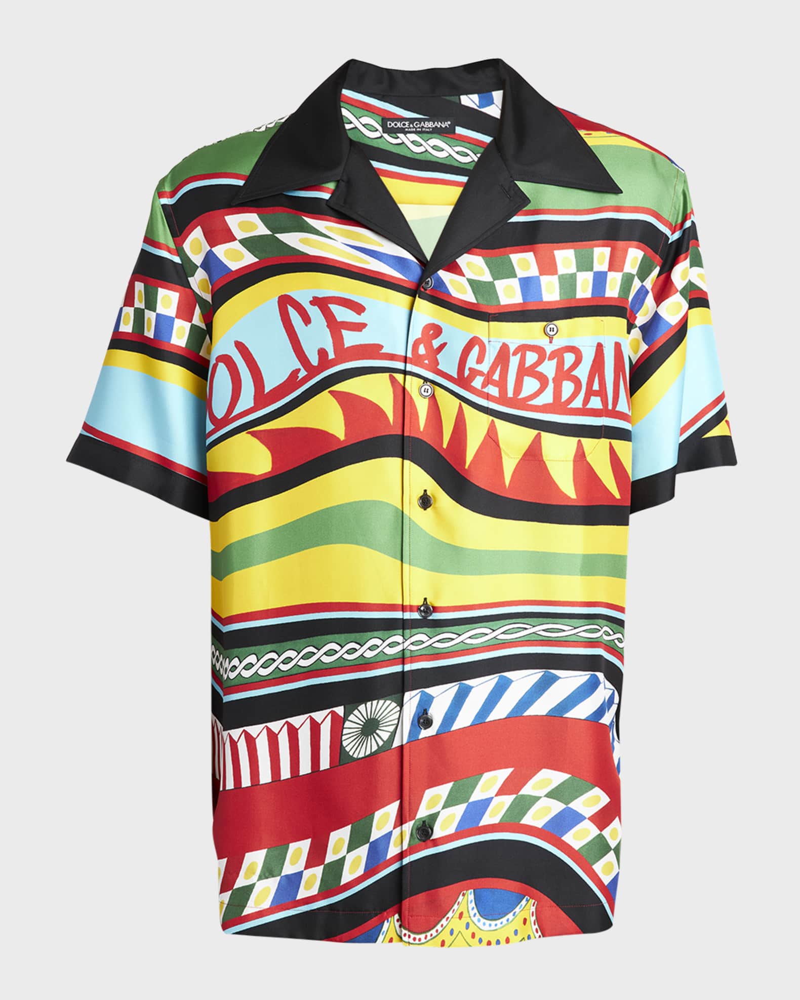 Dolce&Gabbana Men's Carretto Printed Silk Camp Shirt Neiman Marcus