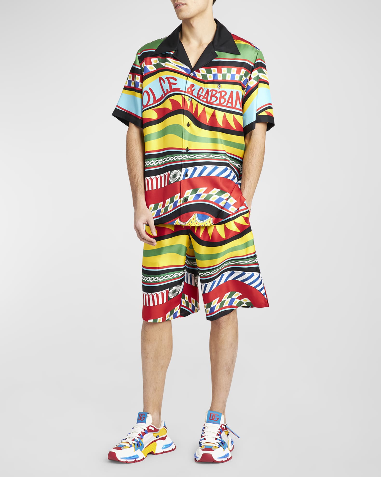 Dolce&Gabbana Men's Carretto Printed Silk Camp Shirt | Neiman Marcus