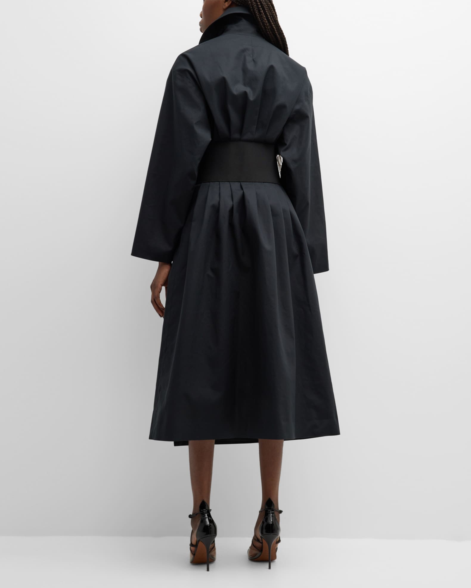 ALAIA Long Trench Coat with Leather Corset Belt | Neiman Marcus