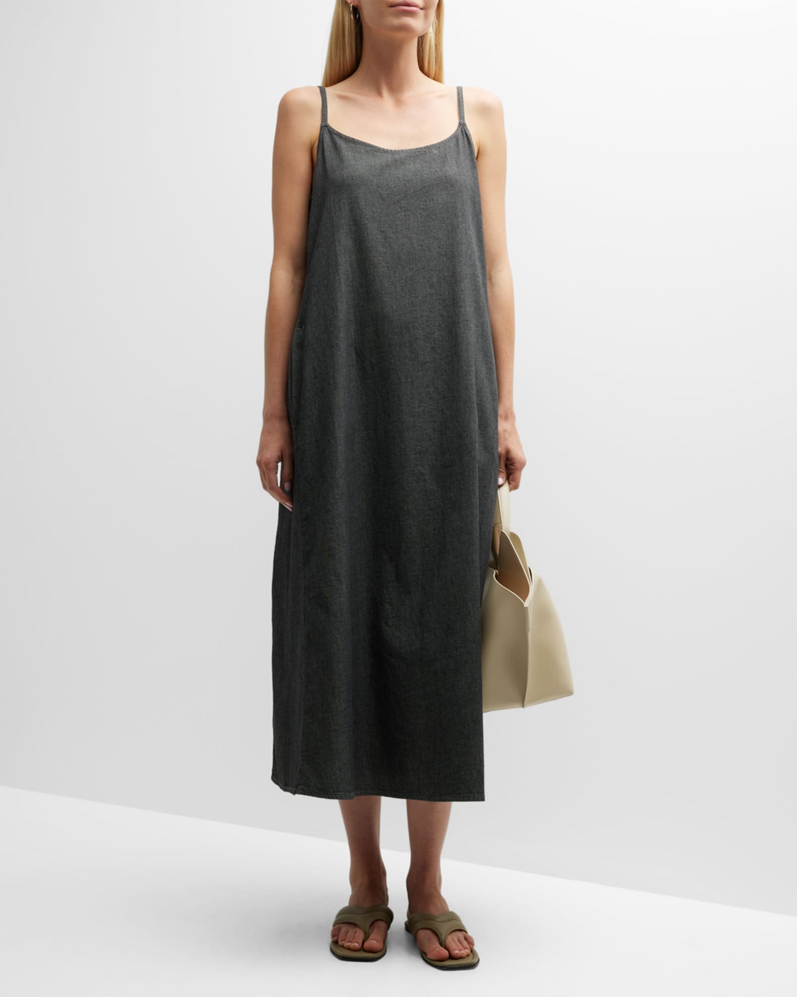 Eileen Fisher Scoop-Neck Organic Cotton Twill Midi Dress | Neiman Marcus