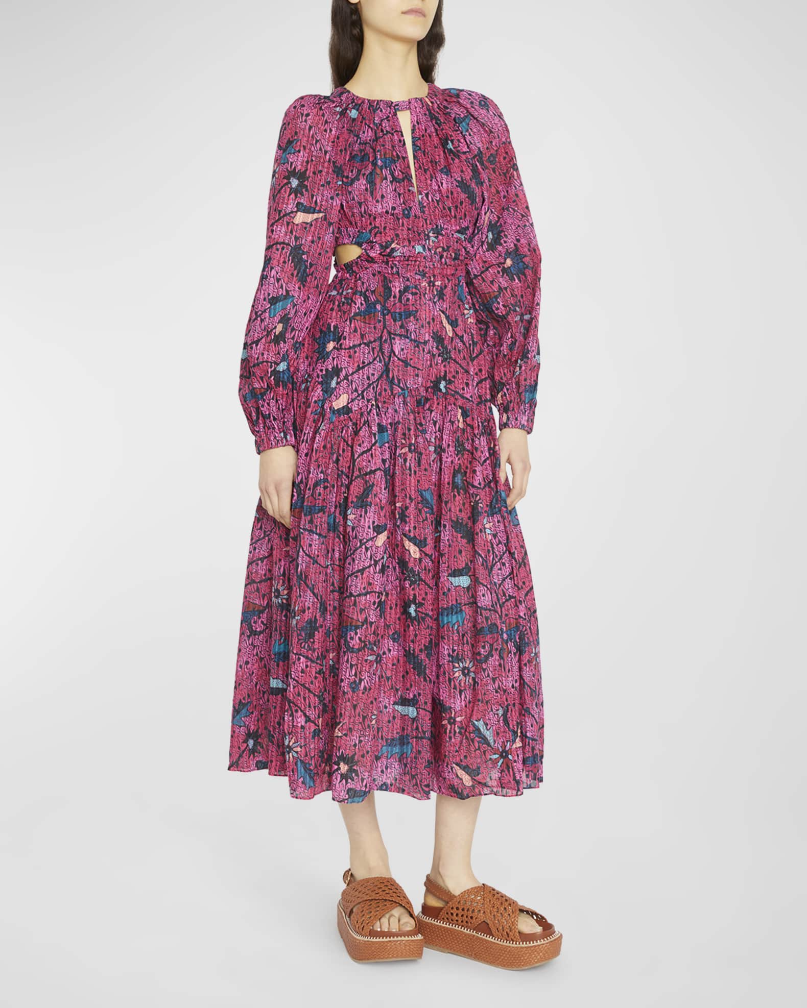 Ulla Johnson Helia Puff-Sleeve Printed Cutout Midi Dress | Neiman Marcus