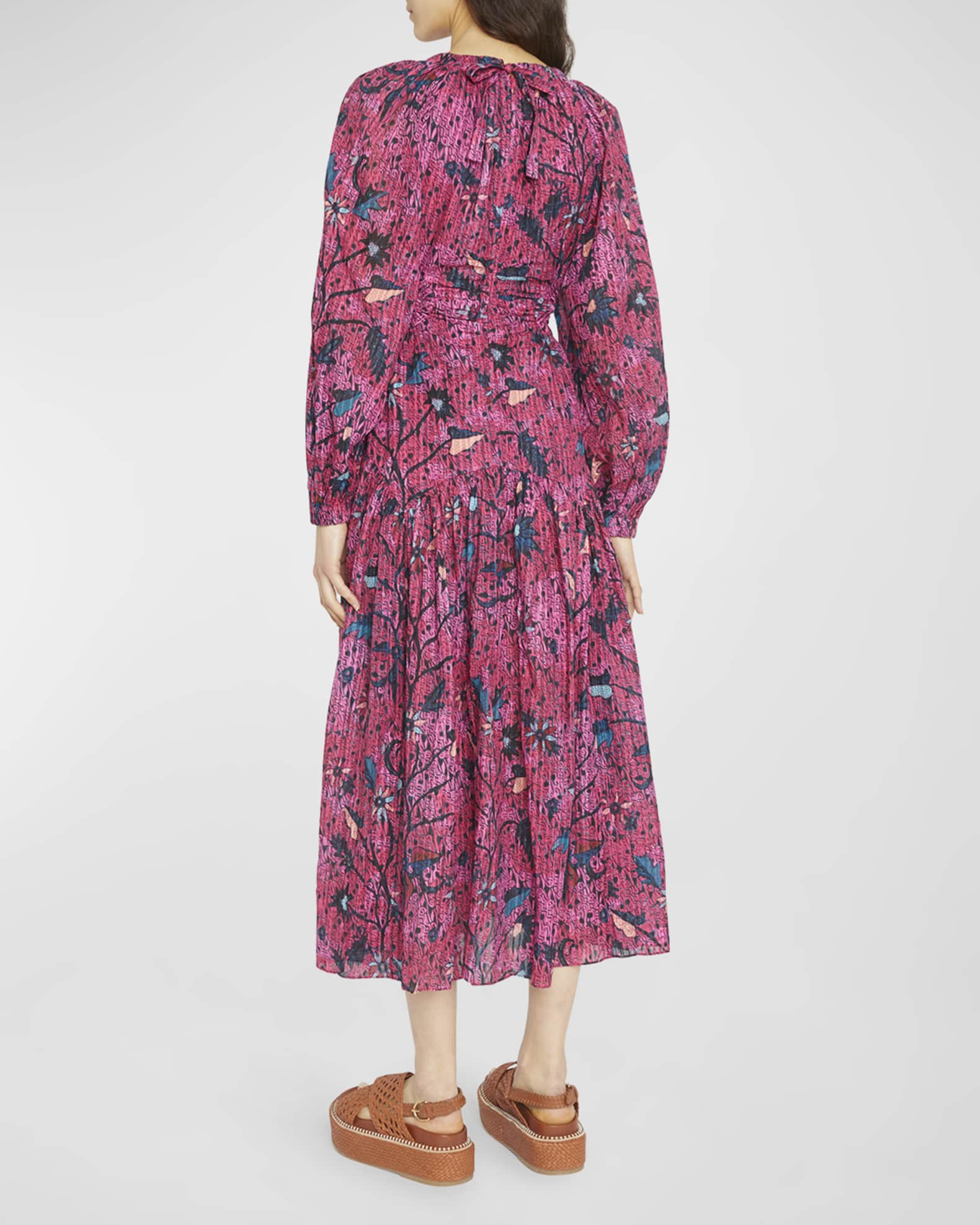 Ulla Johnson Helia Puff-Sleeve Printed Cutout Midi Dress | Neiman Marcus
