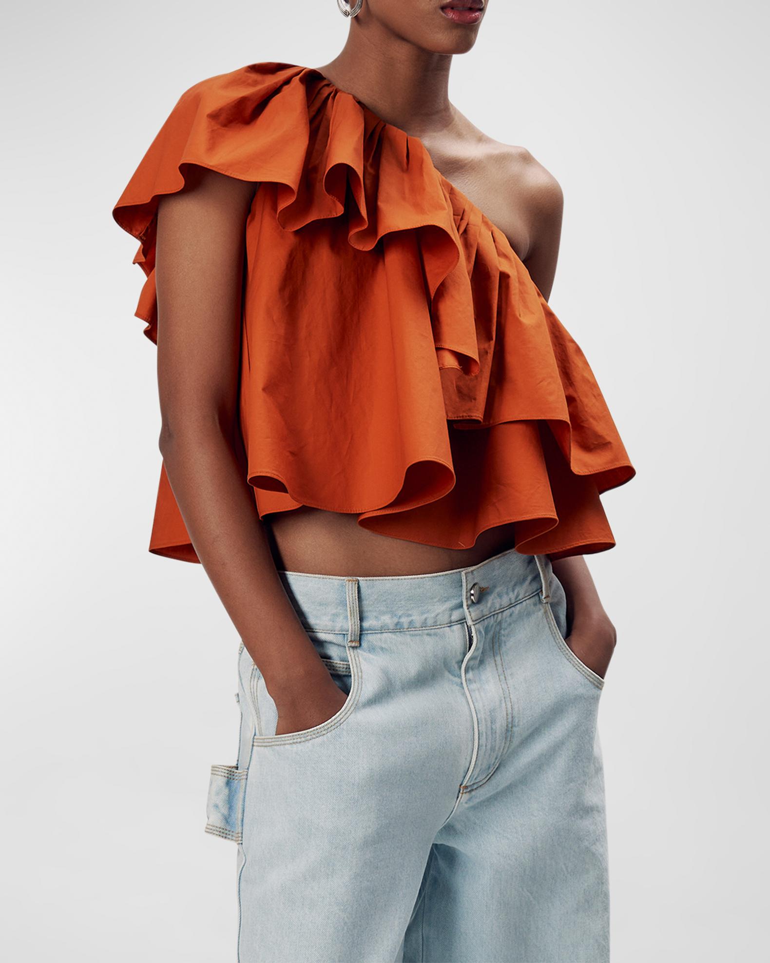 Ronny Kobo Roony One-Shoulder Ruffle Poplin Crop Top | Neiman Marcus
