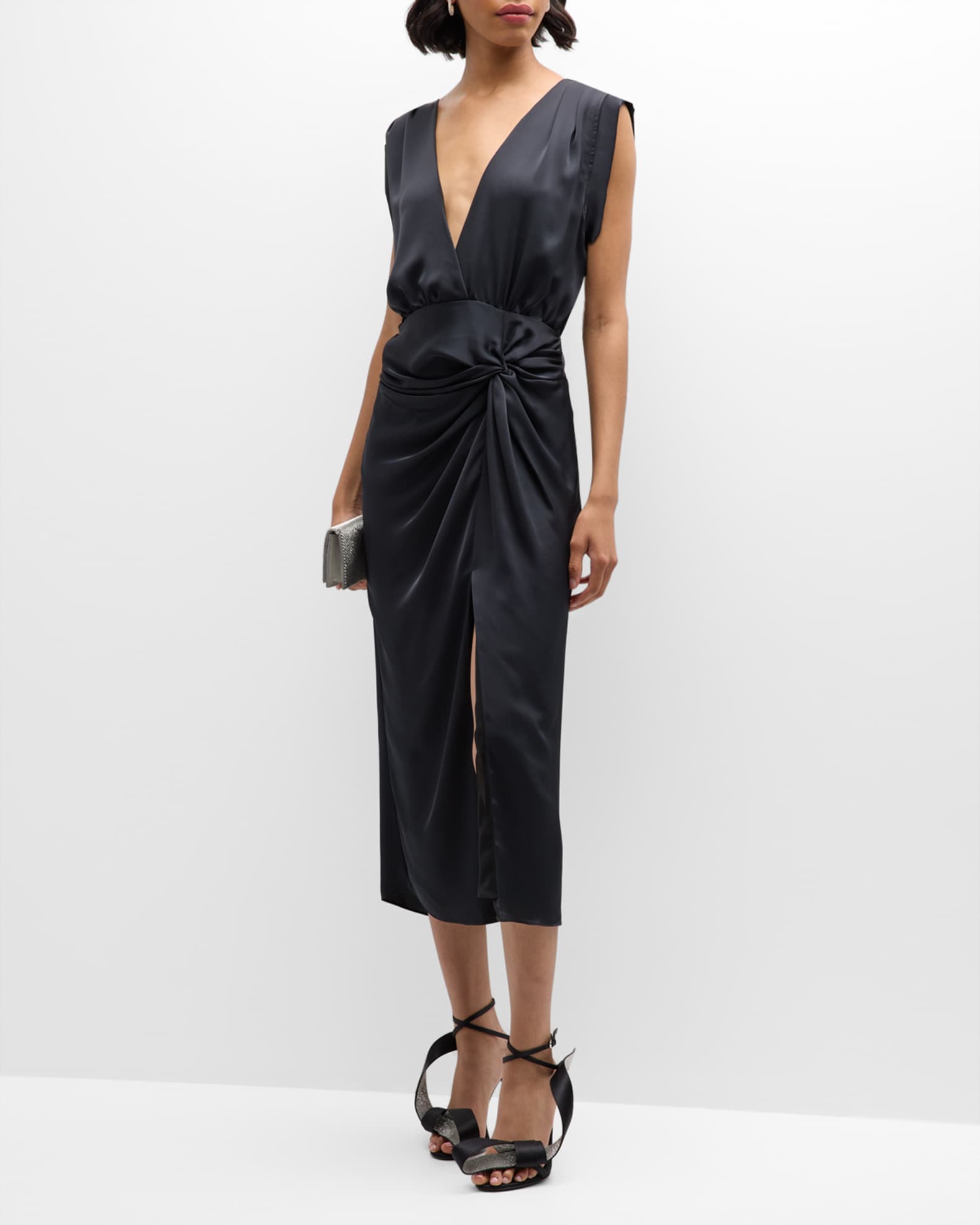 Ramy Brook Morgan Satin Wrap Midi Dress | Neiman Marcus
