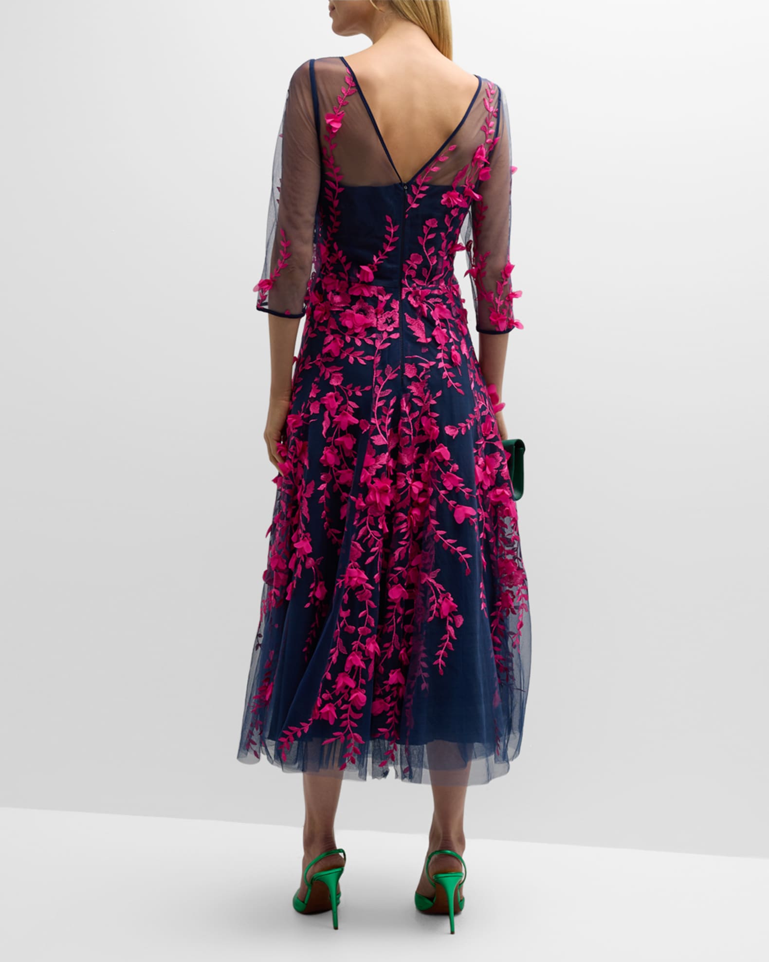 Floral Embroidered 3/4-Sleeve Midi Tulle Illusion Dress