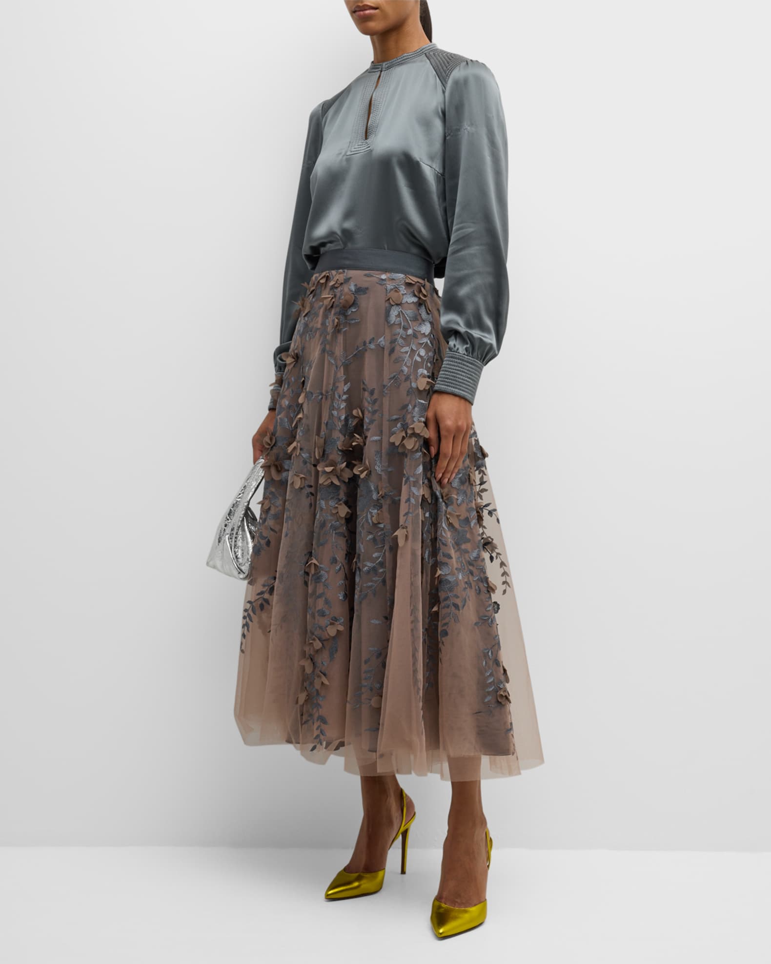 Maison Common Floral Tulle Embroidered Midi Skirt | Neiman Marcus