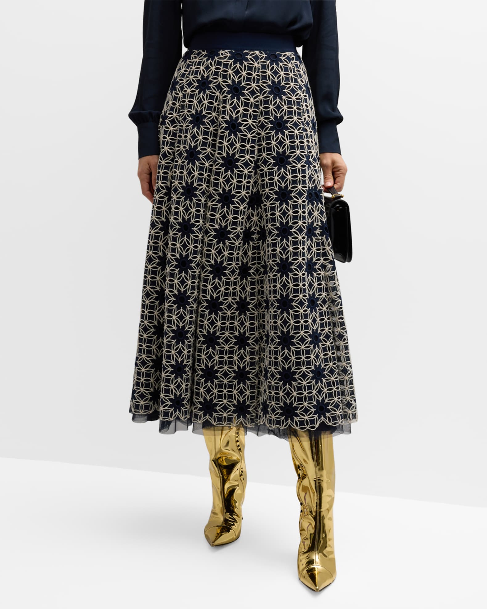 Maison Common Lace Embroidered Overlay Tulle Midi Skirt | Neiman Marcus