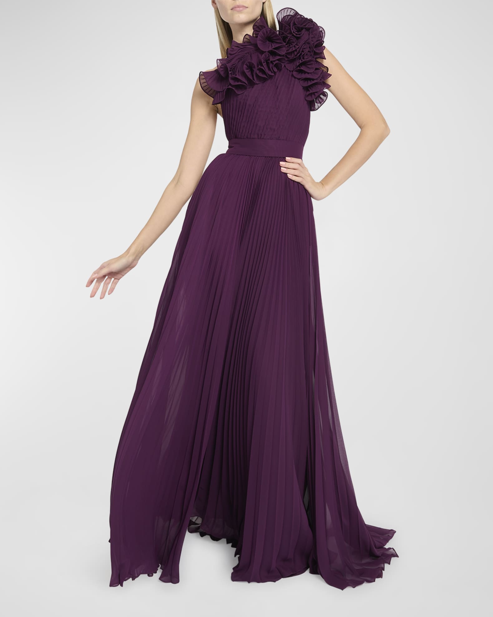 Elie Saab Rosette Ruffle One-Shoulder Pleated Georgette Gown | Neiman ...