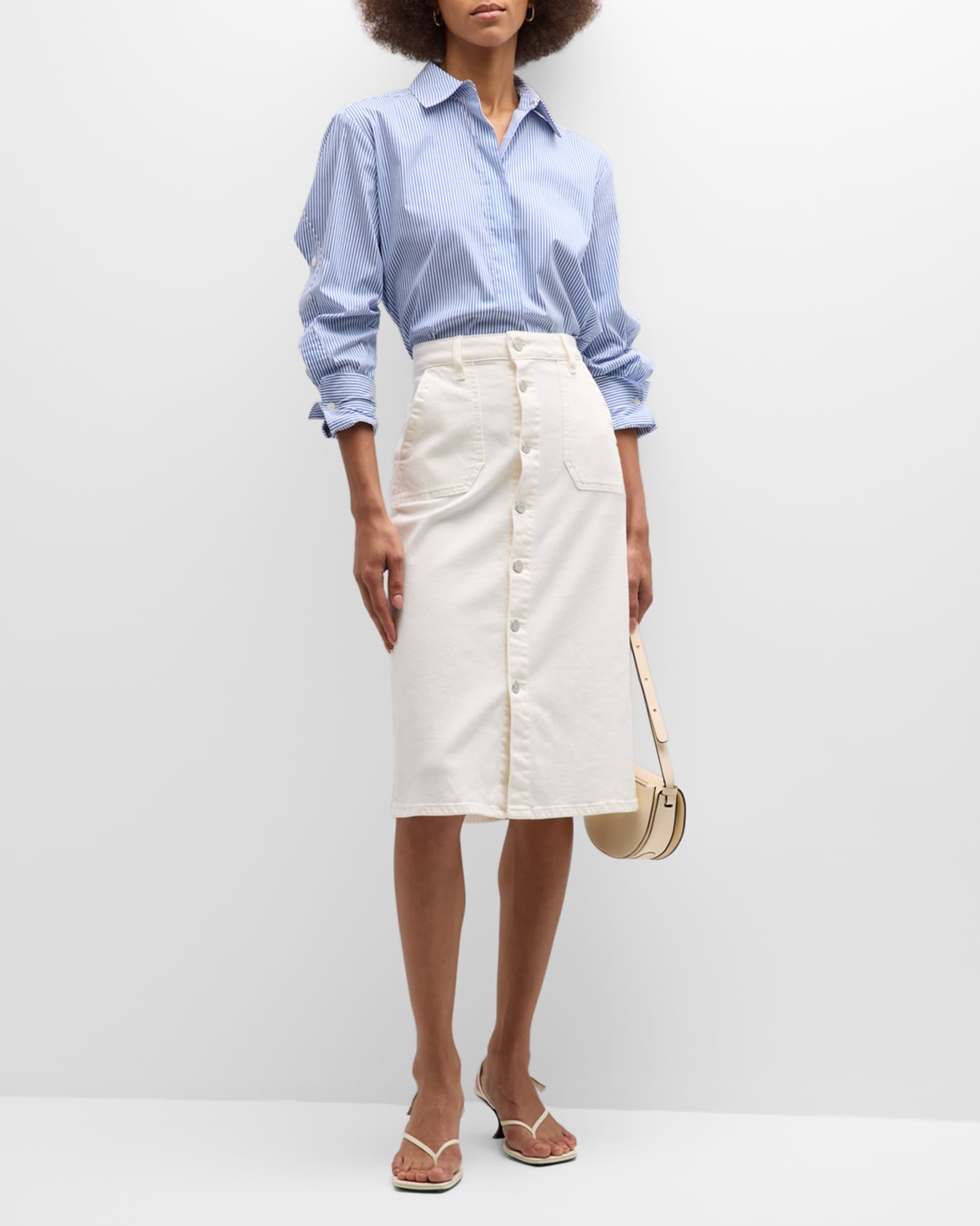 PAIGE Meadow Denim Button-Front Midi Skirt | Neiman Marcus