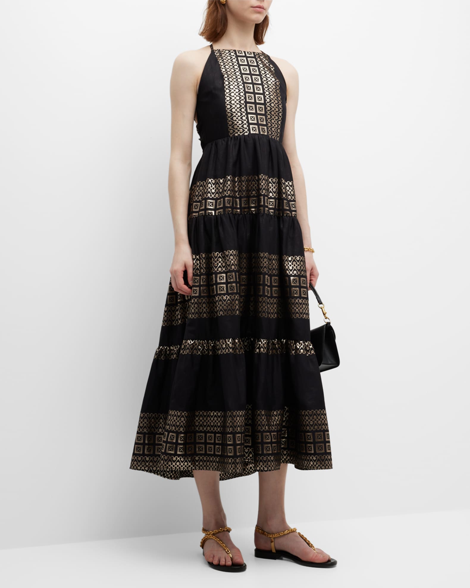 Lace patchwork halter self tie solid maxi dress