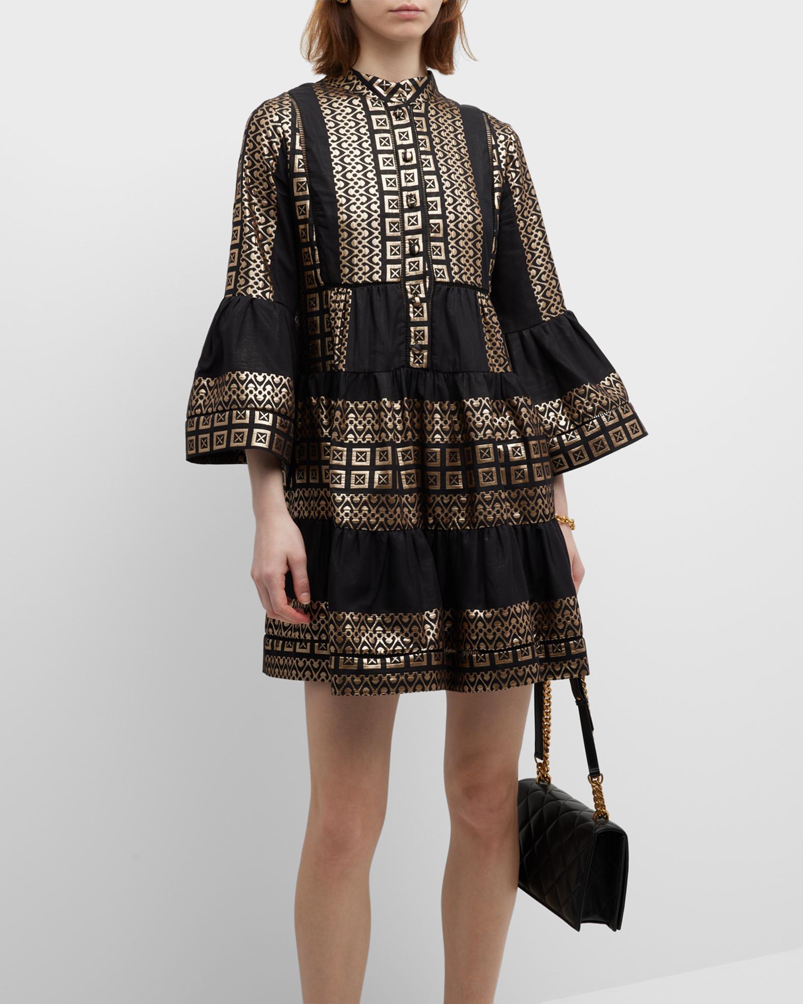 LACE The Label Bell-Sleeve Metallic Jacquard Mini Dress | Neiman Marcus
