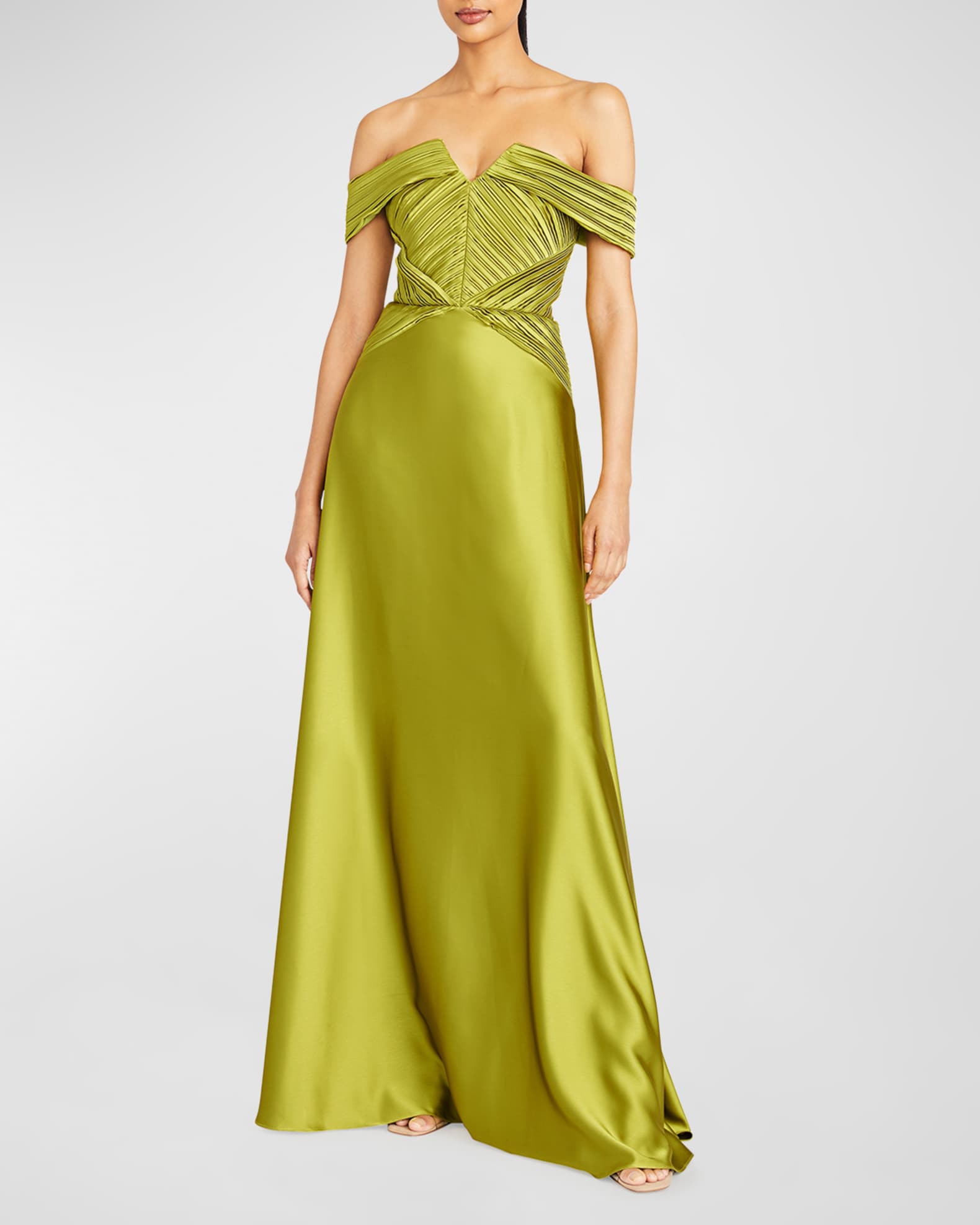 Theia Venus Pleated Off-Shoulder A-Line Gown | Neiman Marcus