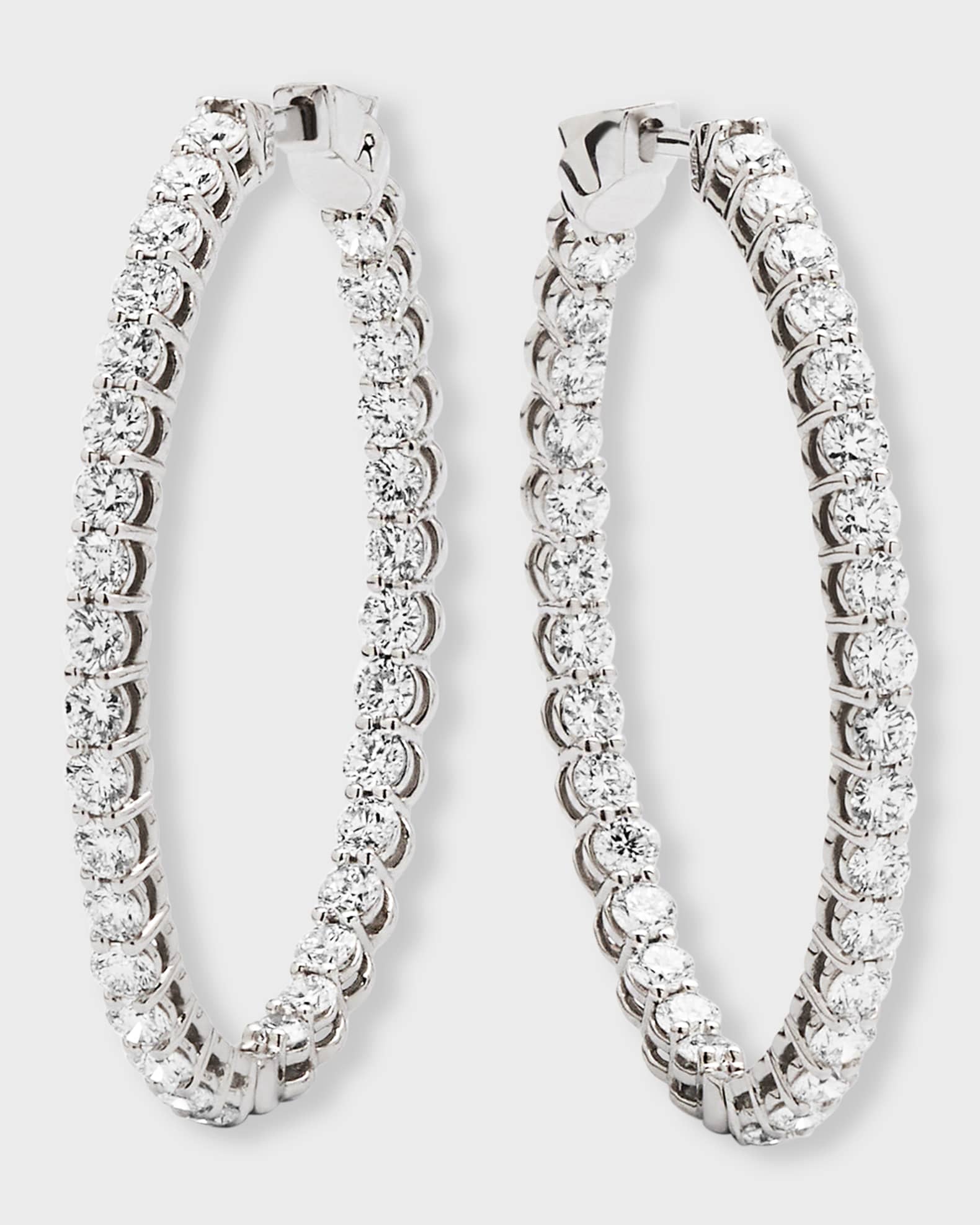 18K White Gold Round Diamond GH/SI Medium Oval Hoop Earrings, 3.36tcw, 1.25"L 0