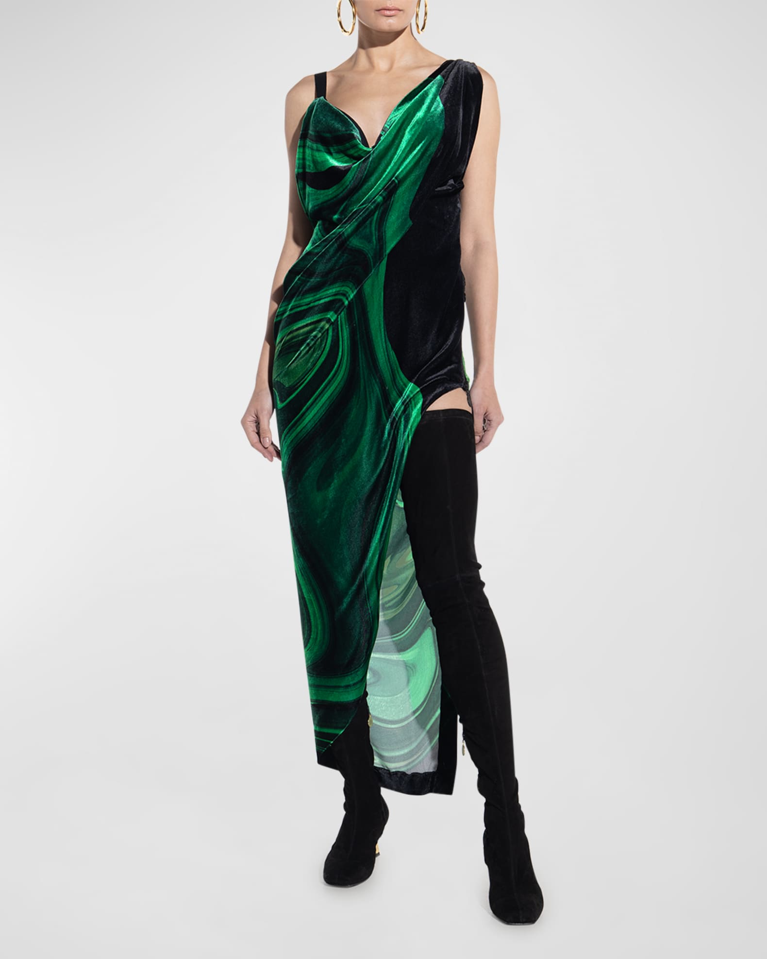 Maria Lucia Hohan Lucy OIl-Print Cowl-Neck Velvet Midi Dress