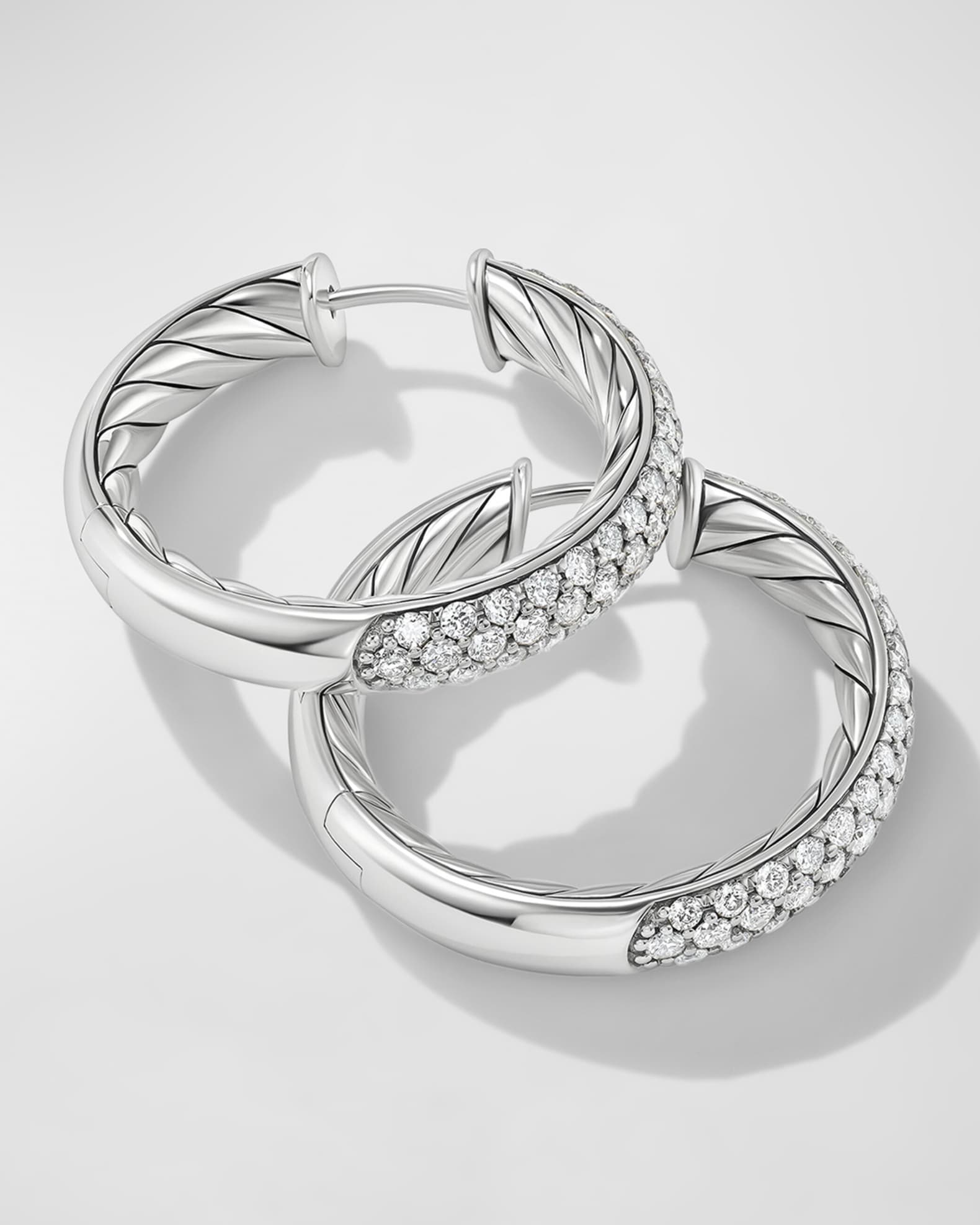 Sculpted Cable Hoop Earrings with Diamonds in Silver, 5mm, 1"L 1