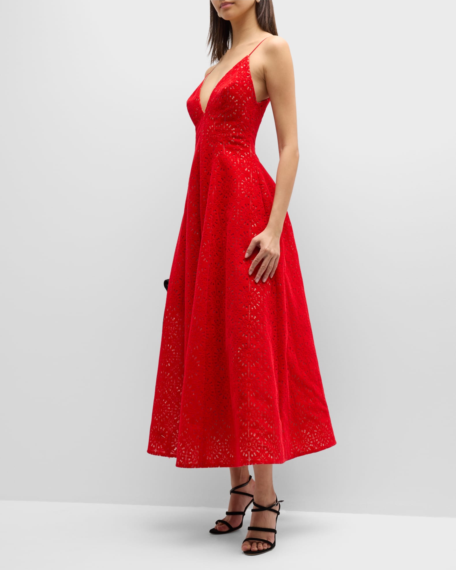 Lela Rose Eyelet Embroidered Midi Dress with Pockets Neiman Marcus