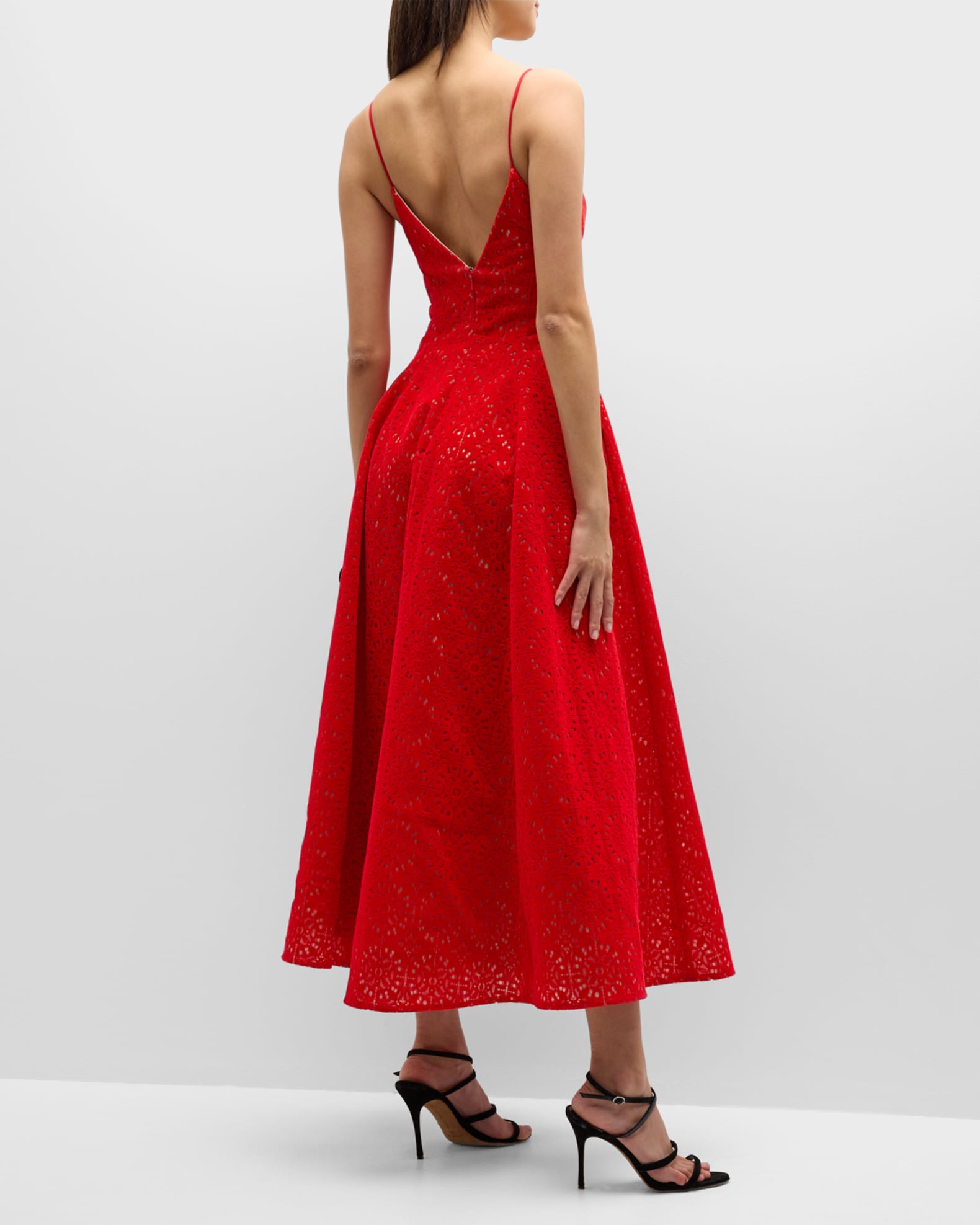 Lela Rose Eyelet Embroidered Midi Dress with Pockets Neiman Marcus