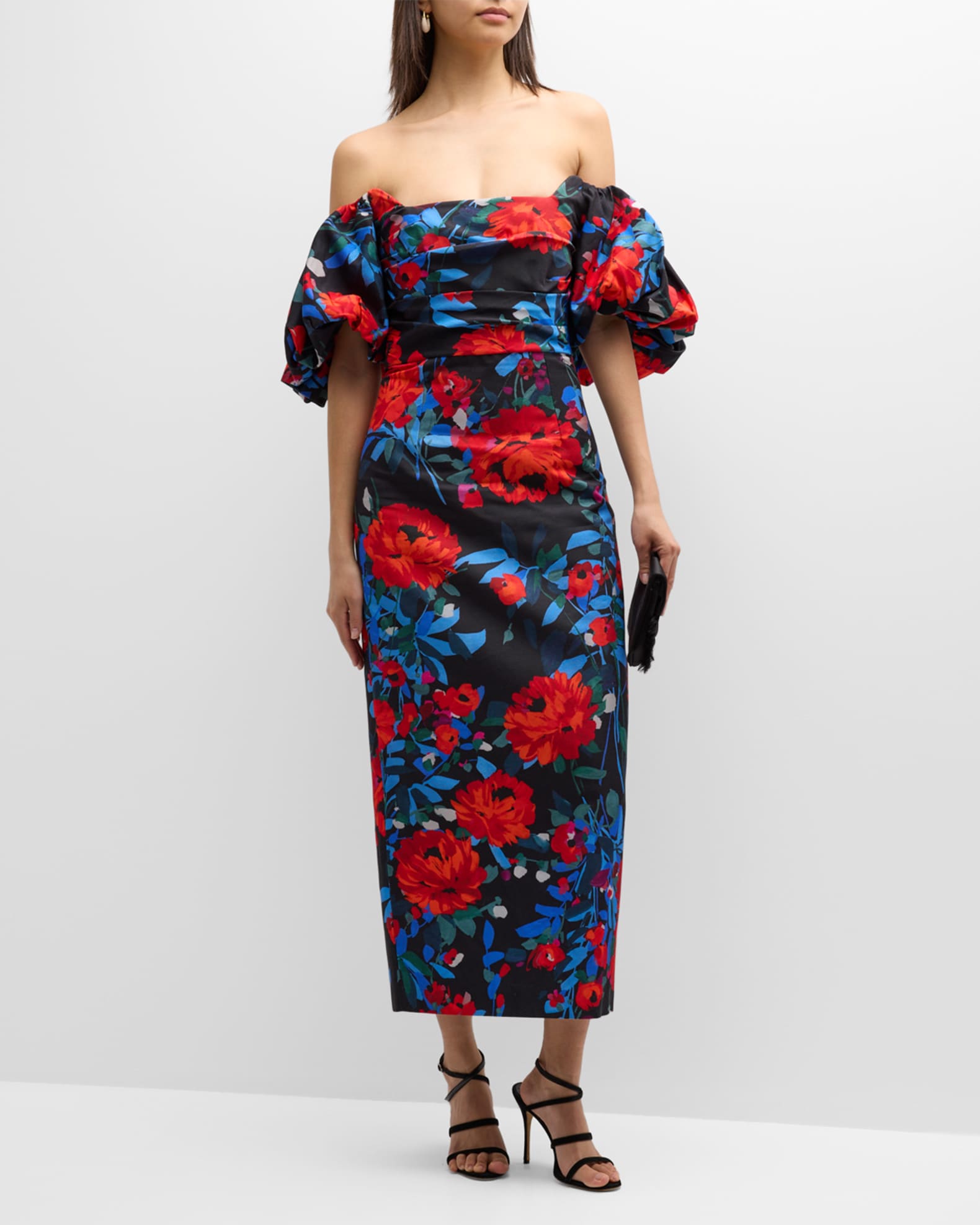 Lela Rose Floral Print Midi Dress with Puff Sleeves | Neiman Marcus