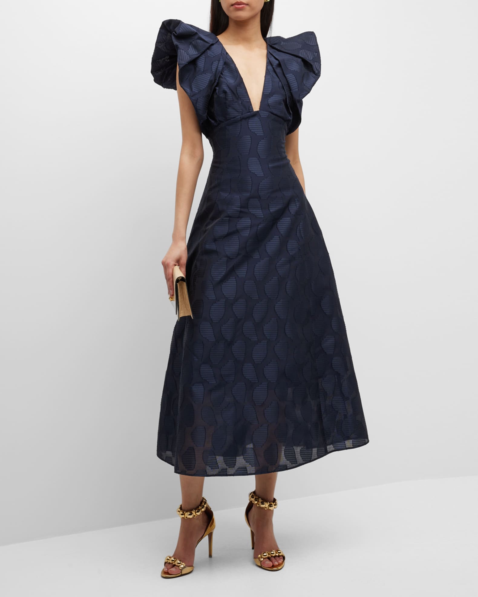 Acler Morin Puffed-Sleeve A-Line Midi Dress | Neiman Marcus