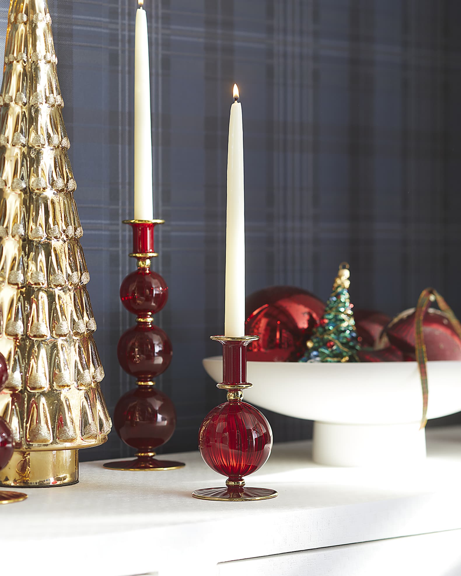 Neiman Marcus Red Glass Christmas Candle Holder, 6.6" Neiman Marcus